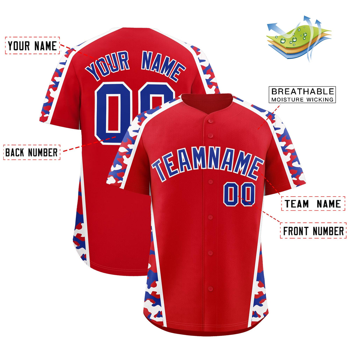 Custom Red Royal Blue Side Camo Style Personalization Baseball Jersey| KXKSHOP