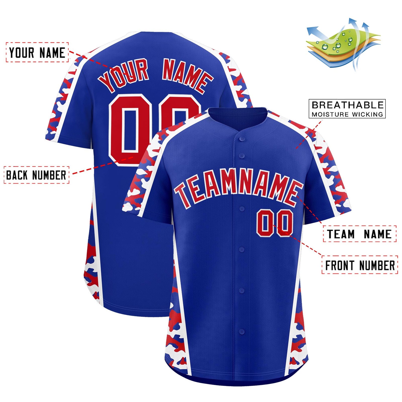 Custom Royal Blue Red Side Camo Style Personalization Baseball Jersey| KXKSHOP