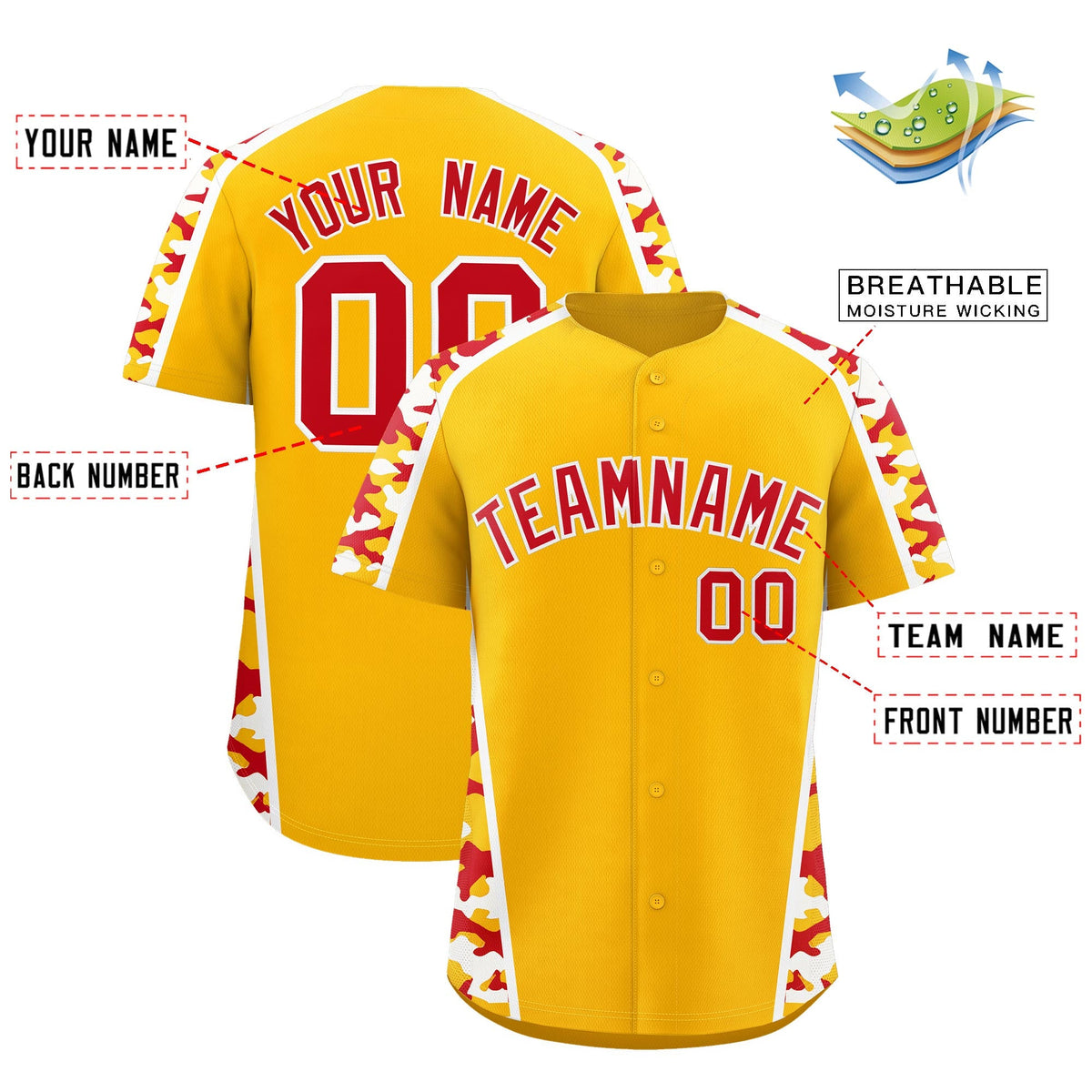 Custom Yellow Red Side Camo Style Personalization Baseball Jersey| KXKSHOP
