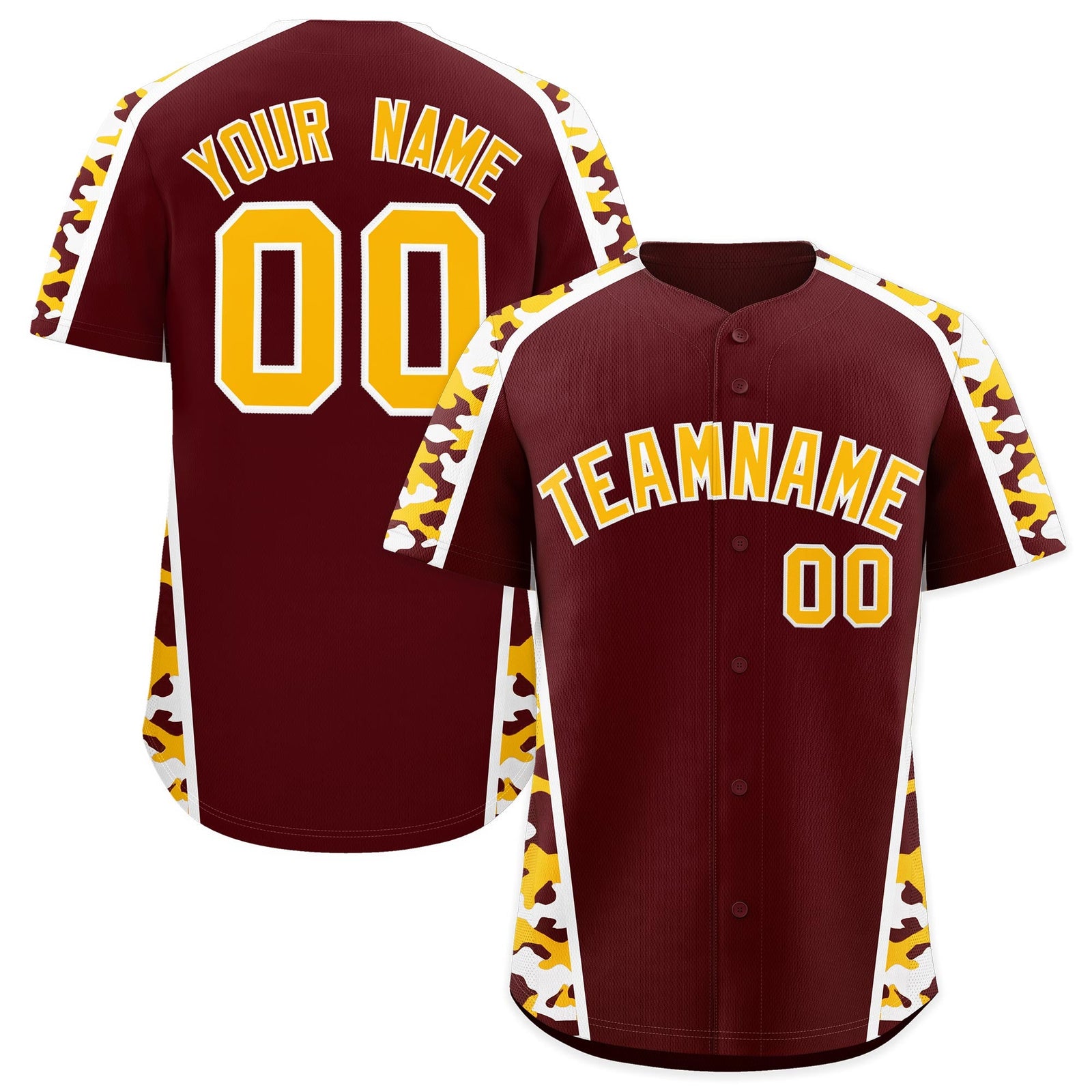 Custom Burgundy Yellow Side Camo Style Personalization Baseball Jersey| KXKSHOP