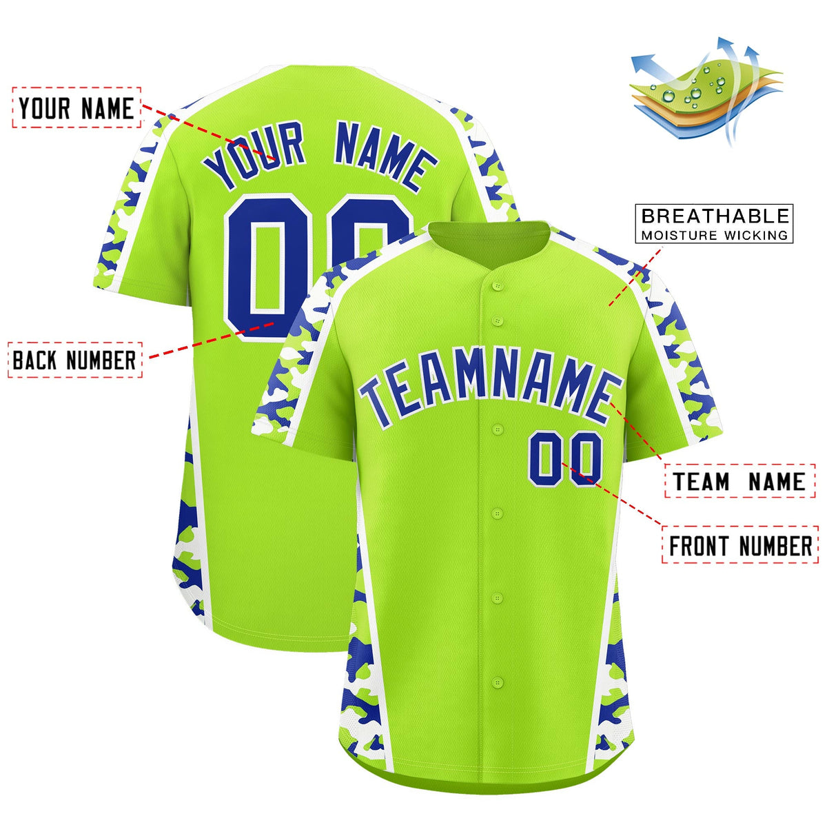 Custom Neon Green Royal Blue Side Camo Style Personalization Baseball Jersey| KXKSHOP