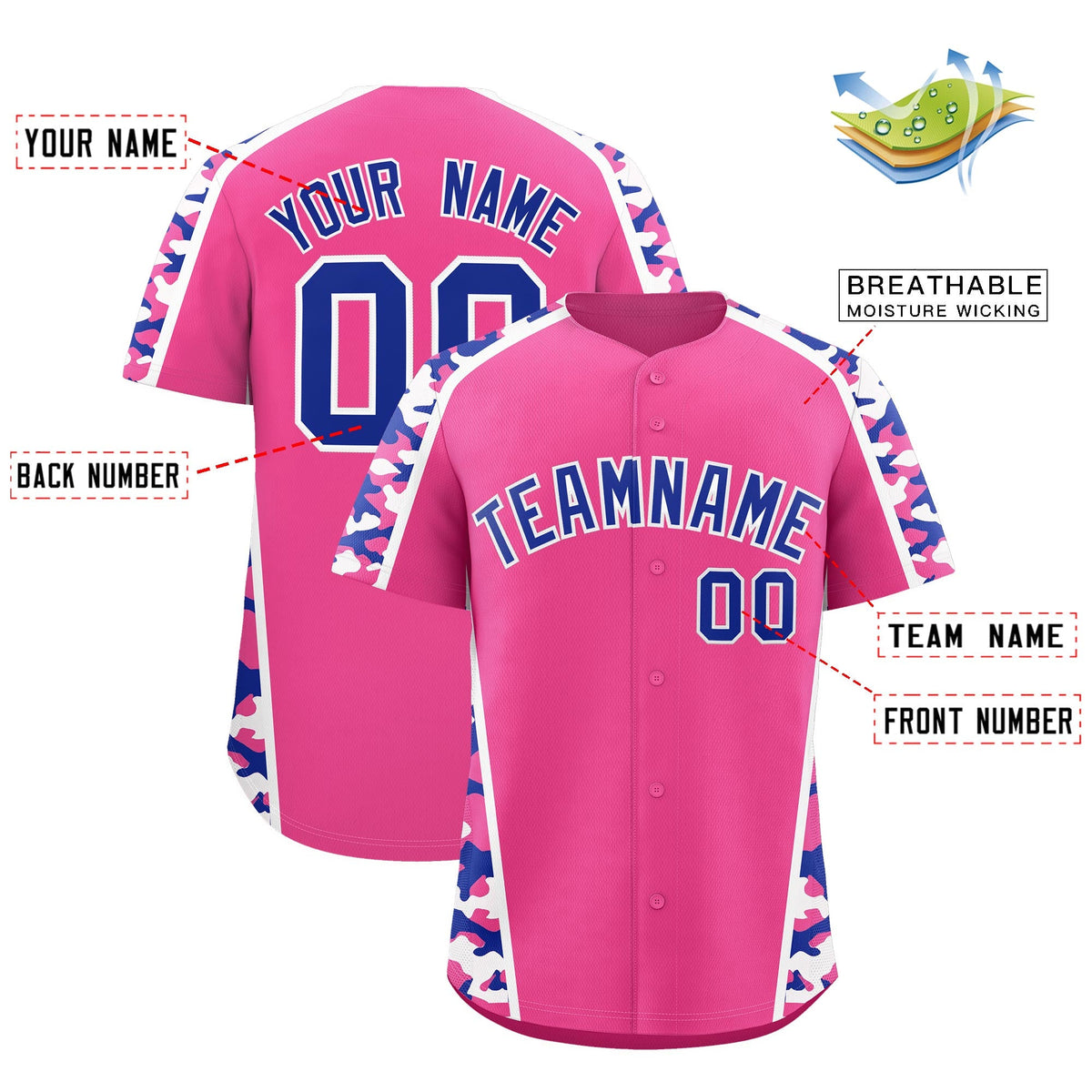 Custom Pink Royal Blue Side Camo Style Personalization Baseball Jersey| KXKSHOP