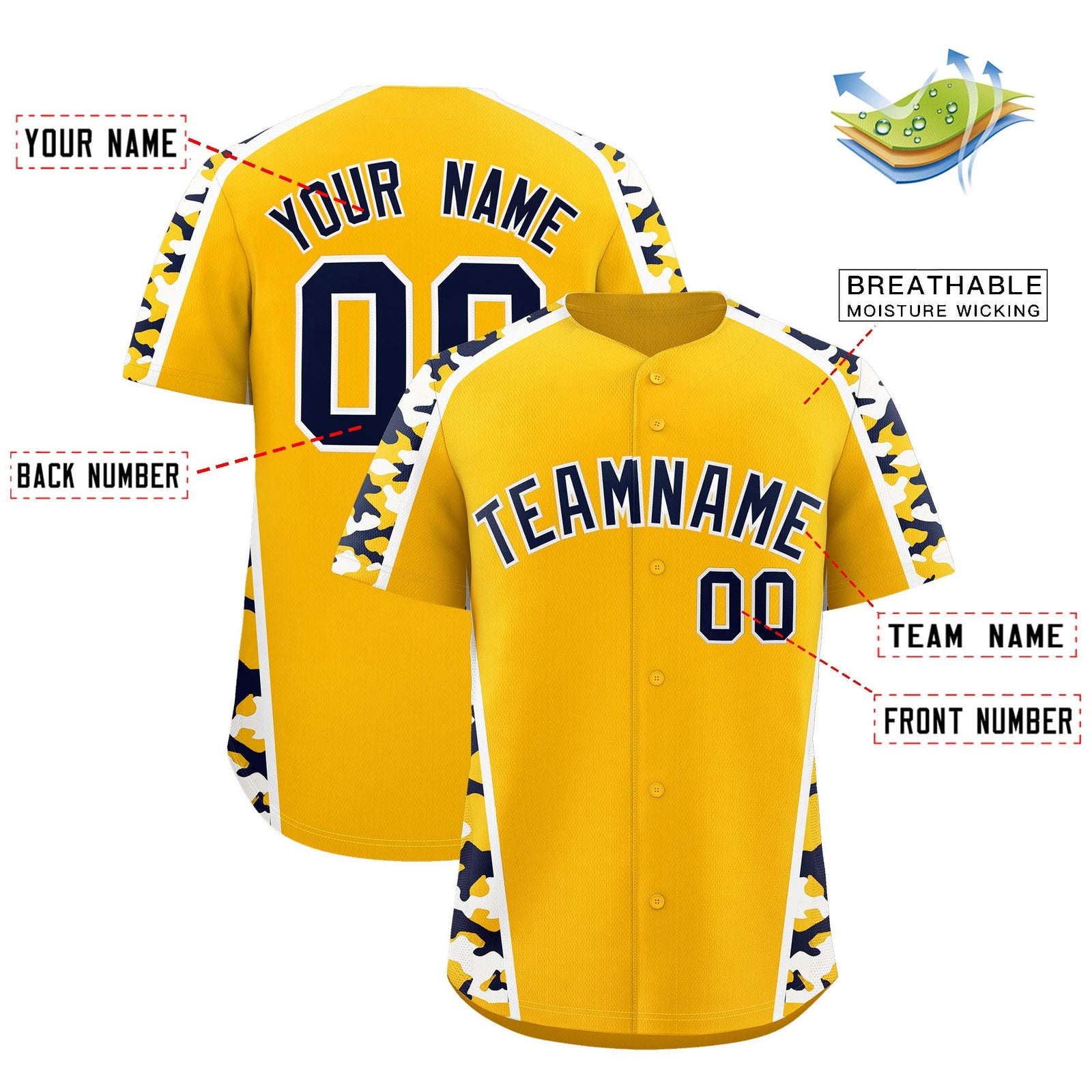 Custom Yellow Navy Side Camo Style Personalization Baseball Jersey| KXKSHOP