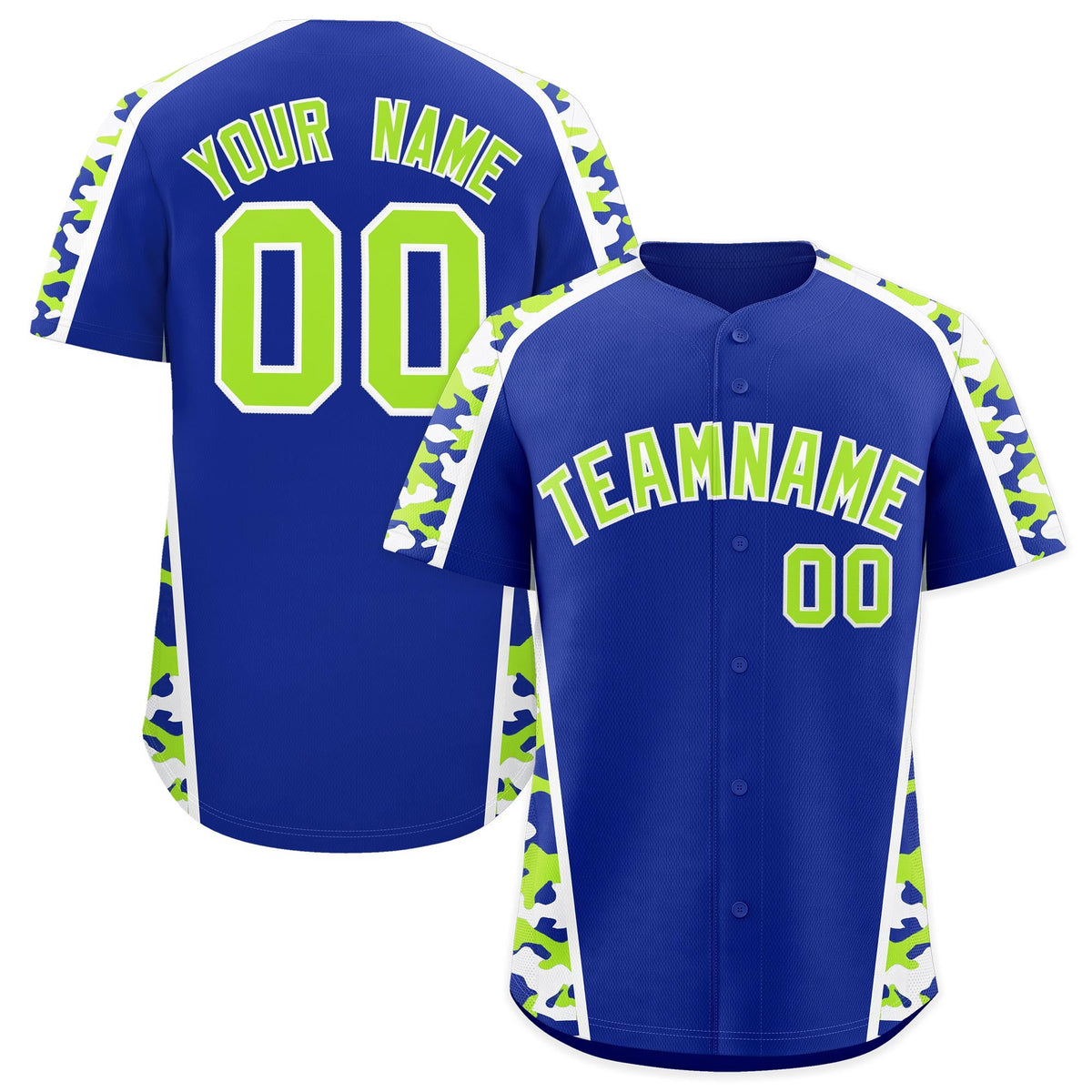 Custom Royal Blue Neon Green Side Camo Style Personalization Baseball Jersey| KXKSHOP