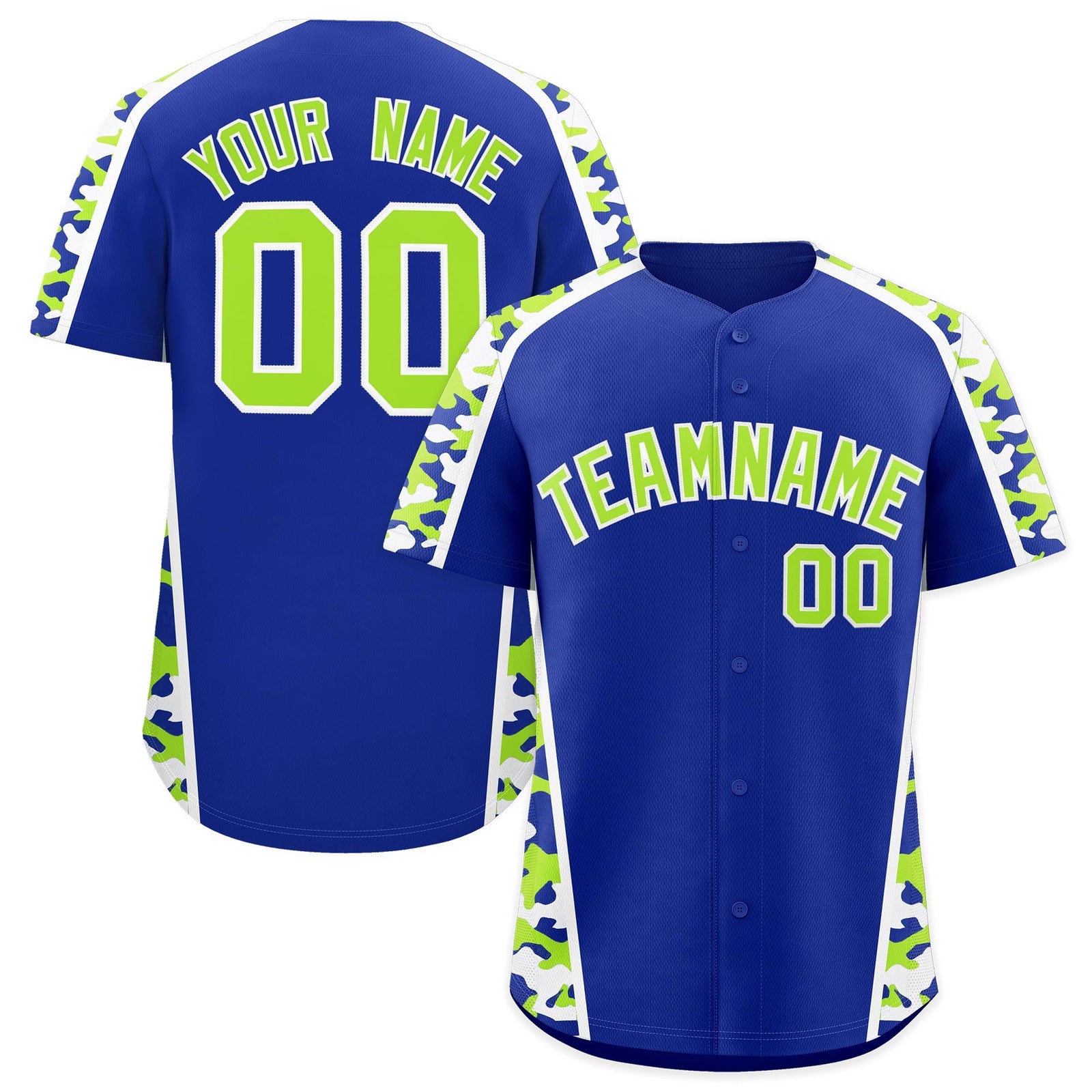 Custom Royal Blue Neon Green Side Camo Style Personalization Baseball Jersey| KXKSHOP