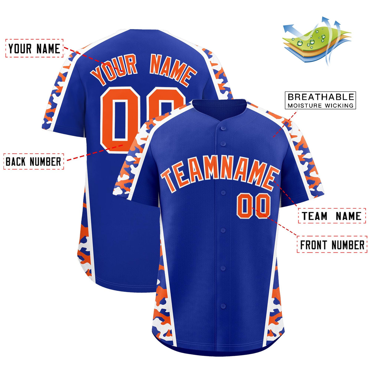 Custom Royal Blue Orange Side Camo Style Personalization Baseball Jersey| KXKSHOP