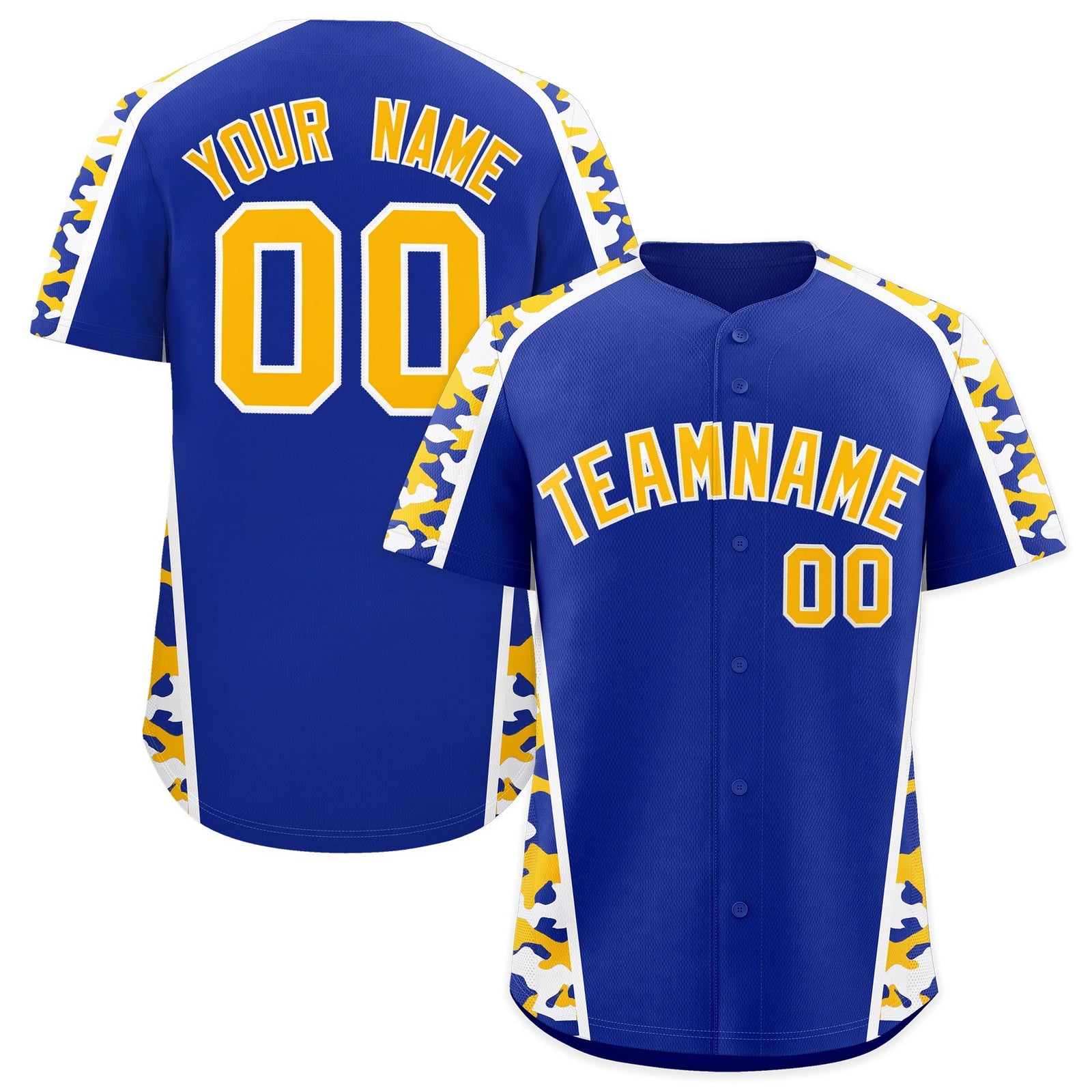 Custom Royal Blue Yellow Side Camo Style Personalization Baseball Jersey| KXKSHOP