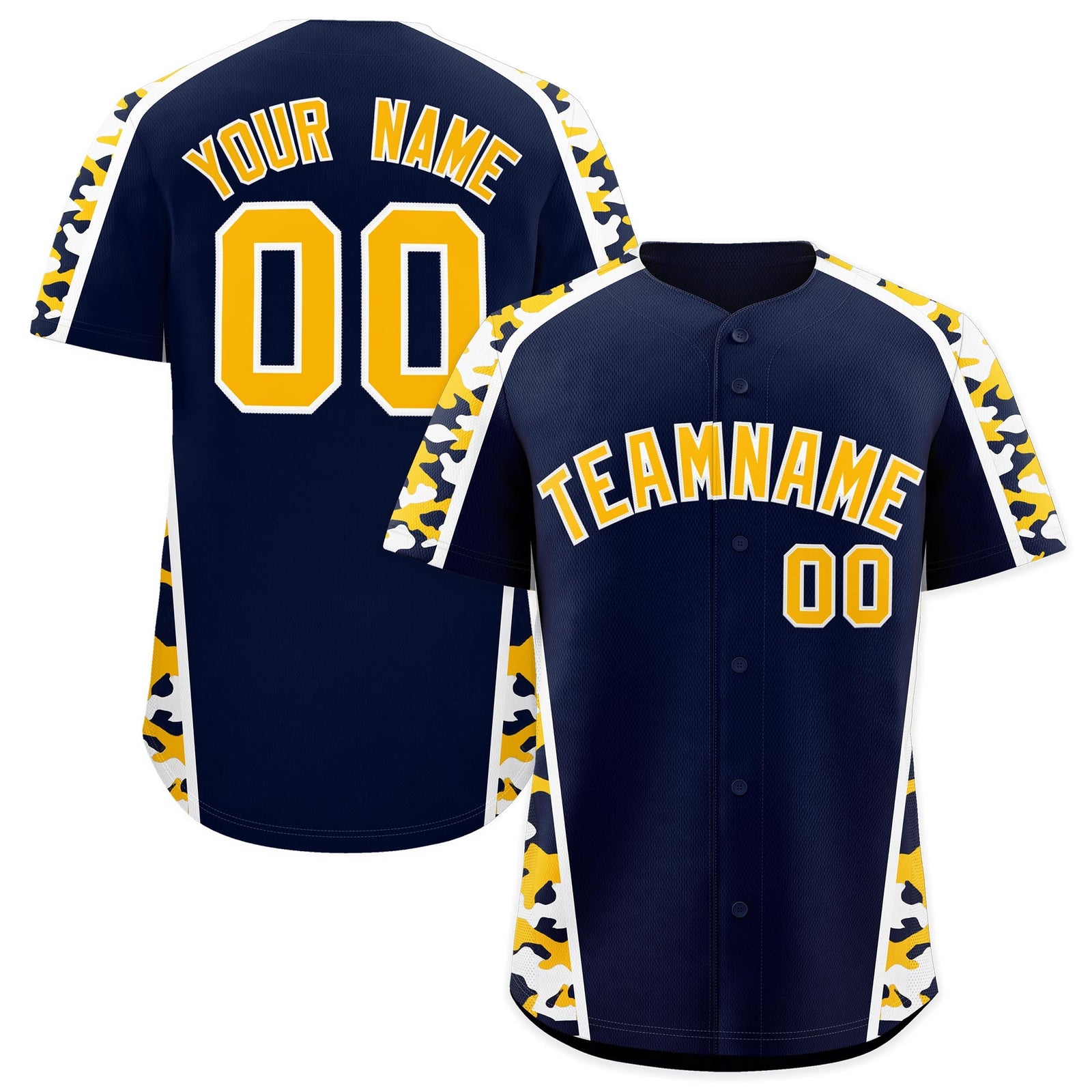 Custom Navy Yellow Side Camo Style Personalization Baseball Jersey| KXKSHOP