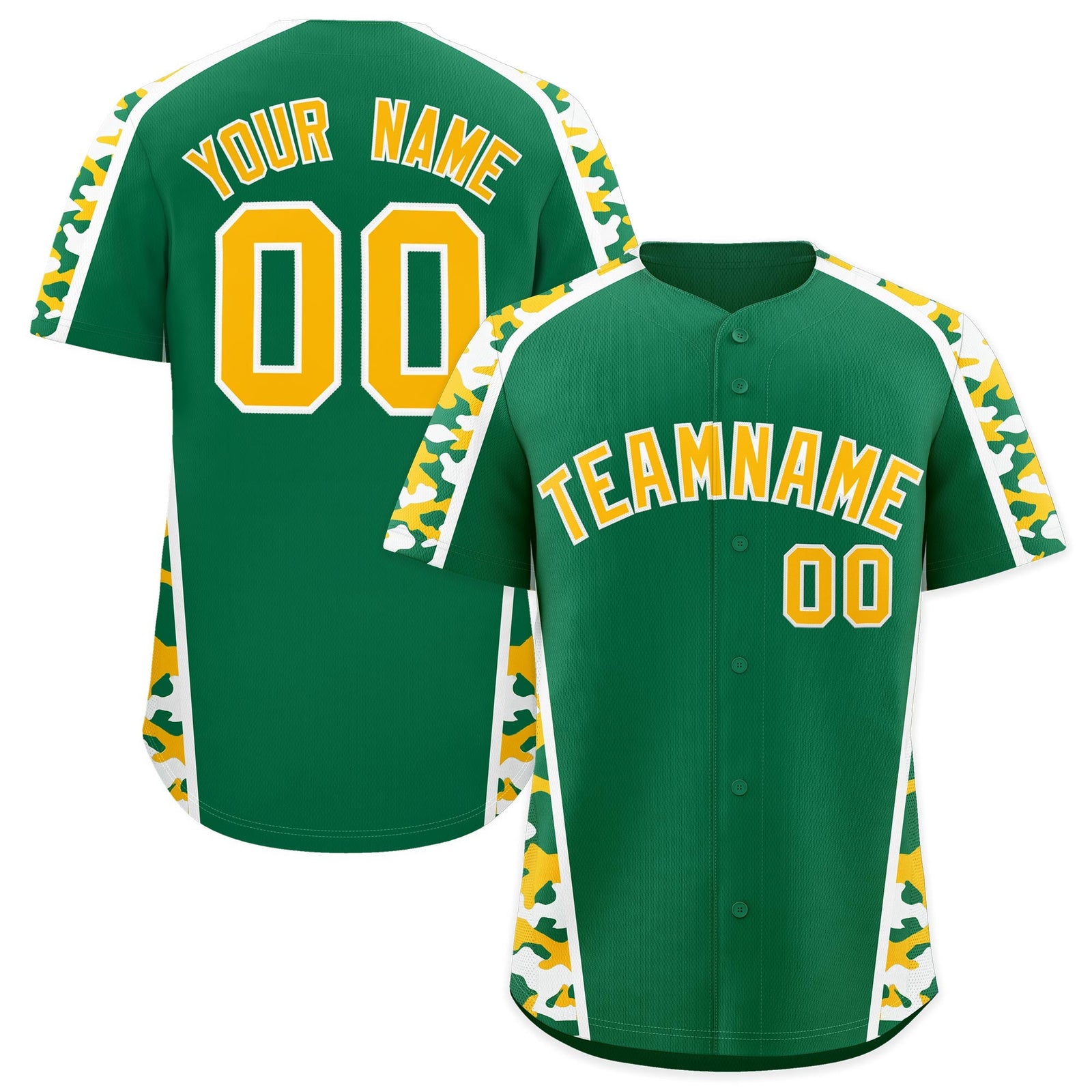 Custom Kelly Green Yellow Side Camo Style Personalization Baseball Jersey| KXKSHOP