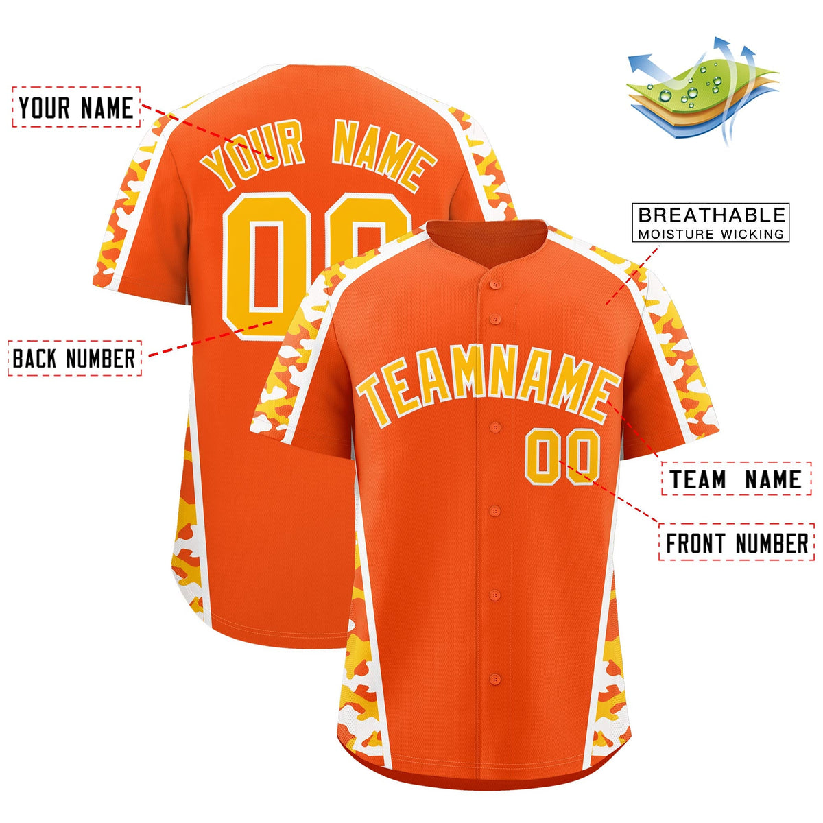 Custom Orange Yellow Side Camo Style Personalization Baseball Jersey| KXKSHOP