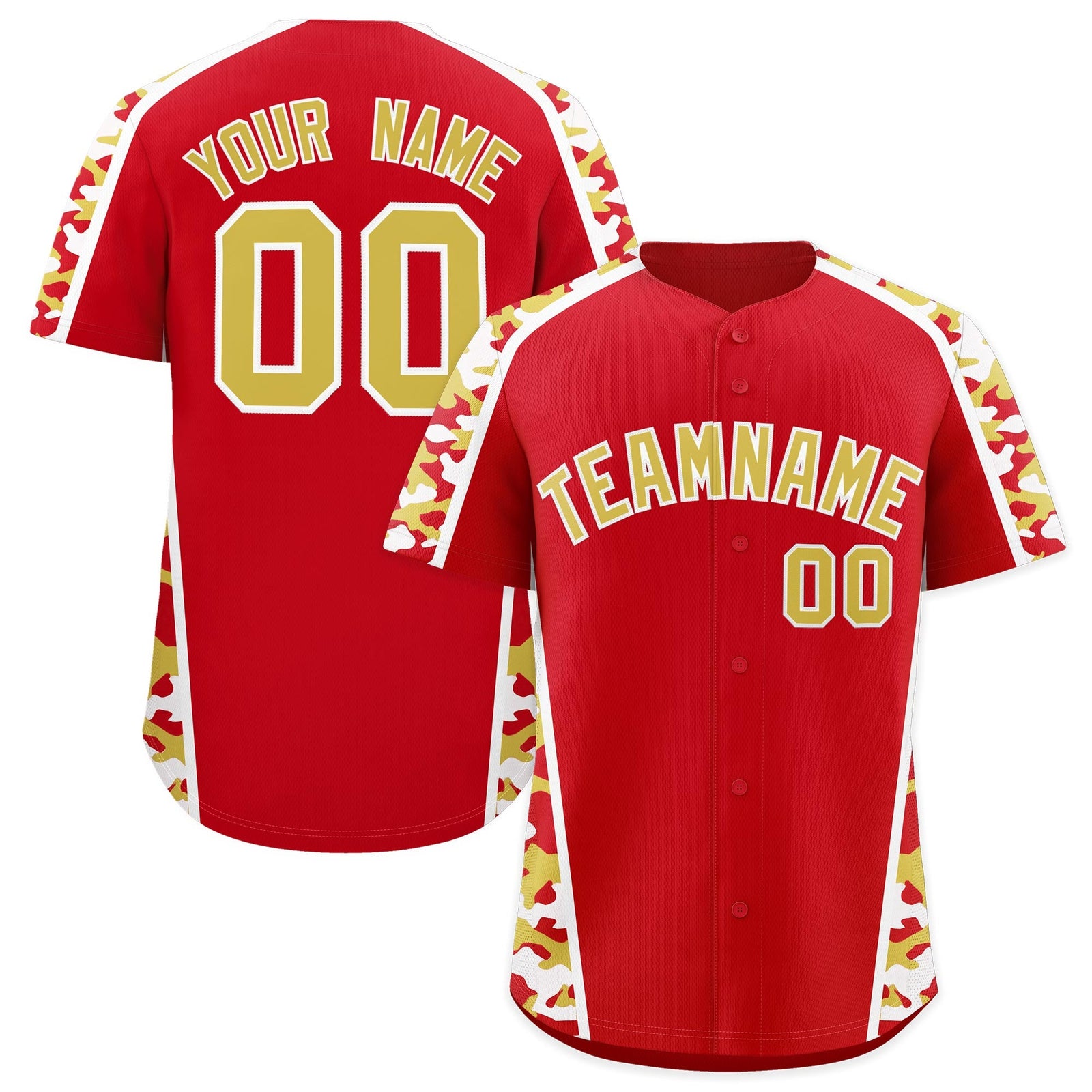Custom Red Old Gold Side Camo Style Personalization Baseball Jersey| KXKSHOP