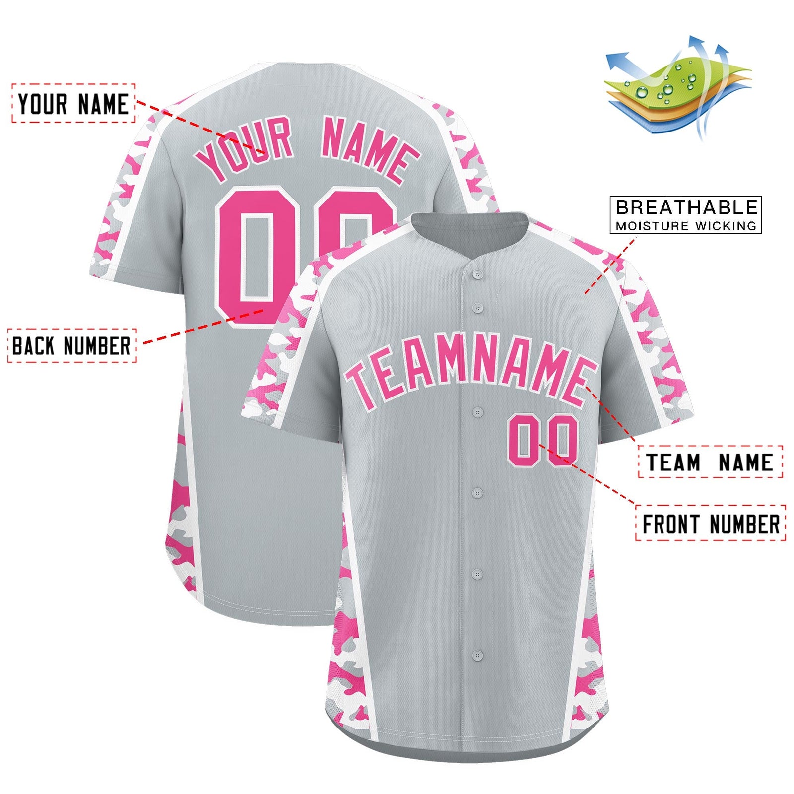 Custom Silver Pink Side Camo Style Personalization Baseball Jersey| KXKSHOP