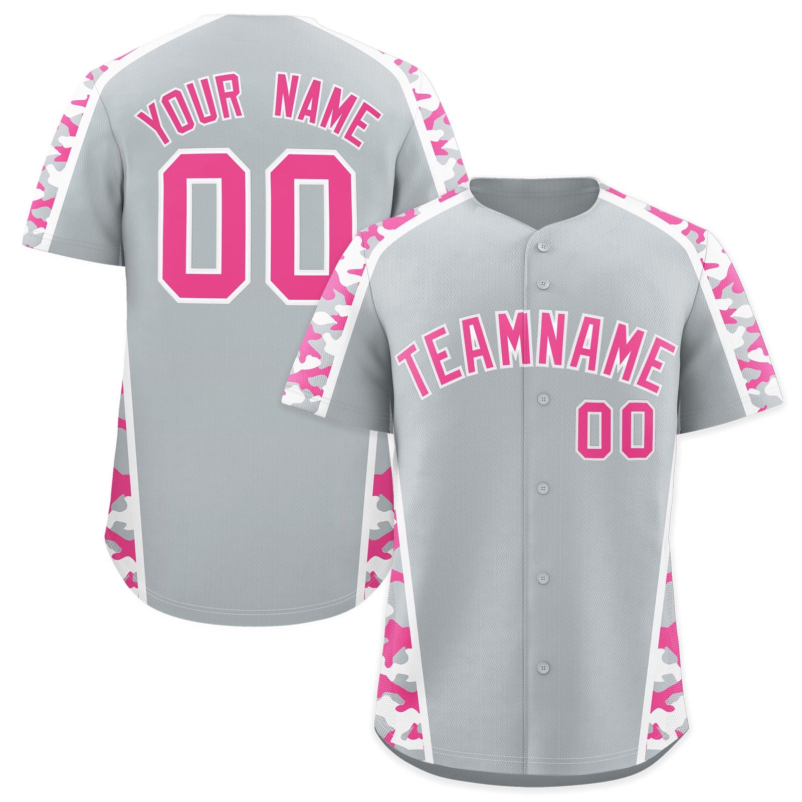 Custom Silver Pink Side Camo Style Personalization Baseball Jersey| KXKSHOP