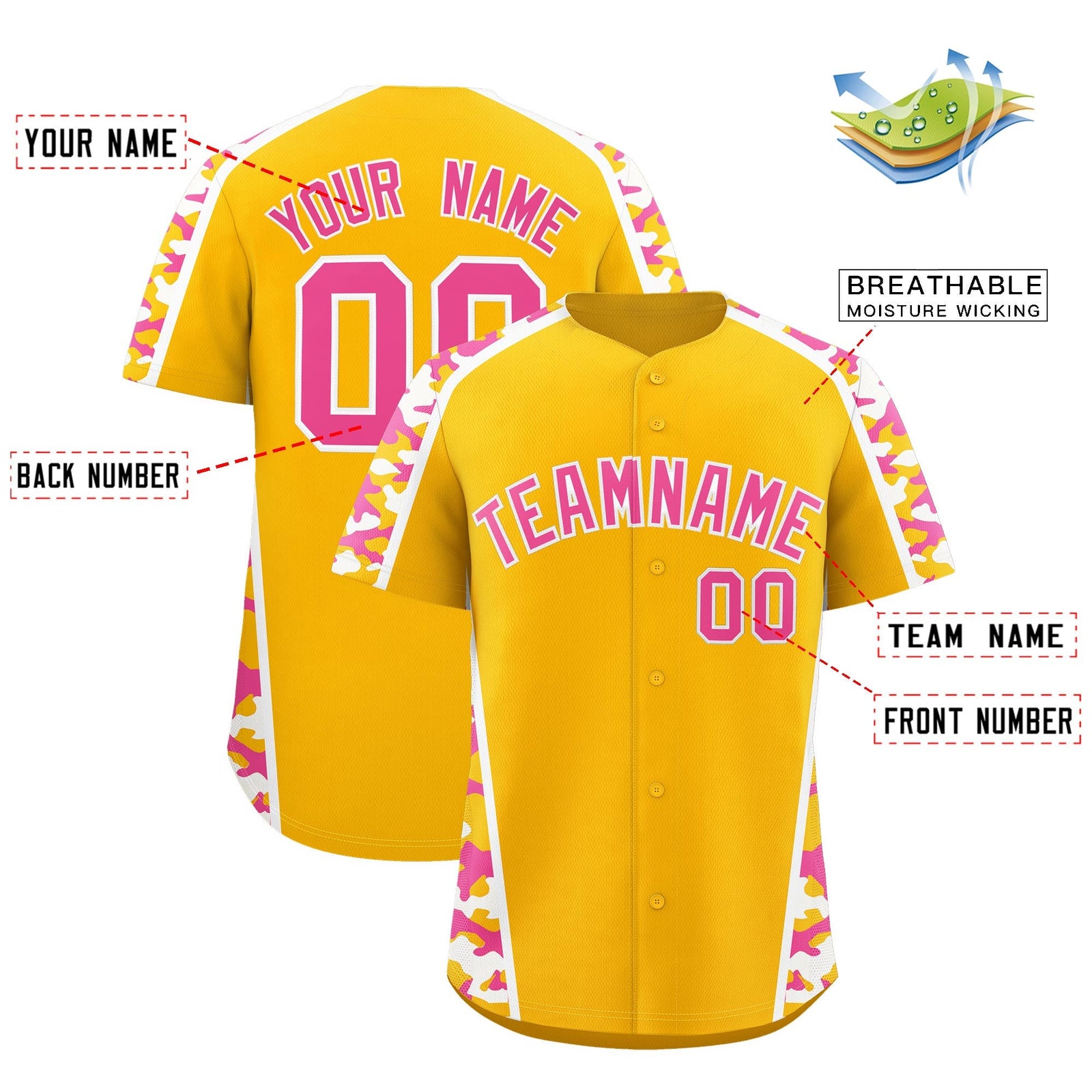 Custom Yellow Pink Side Camo Style Personalization Baseball Jersey| KXKSHOP
