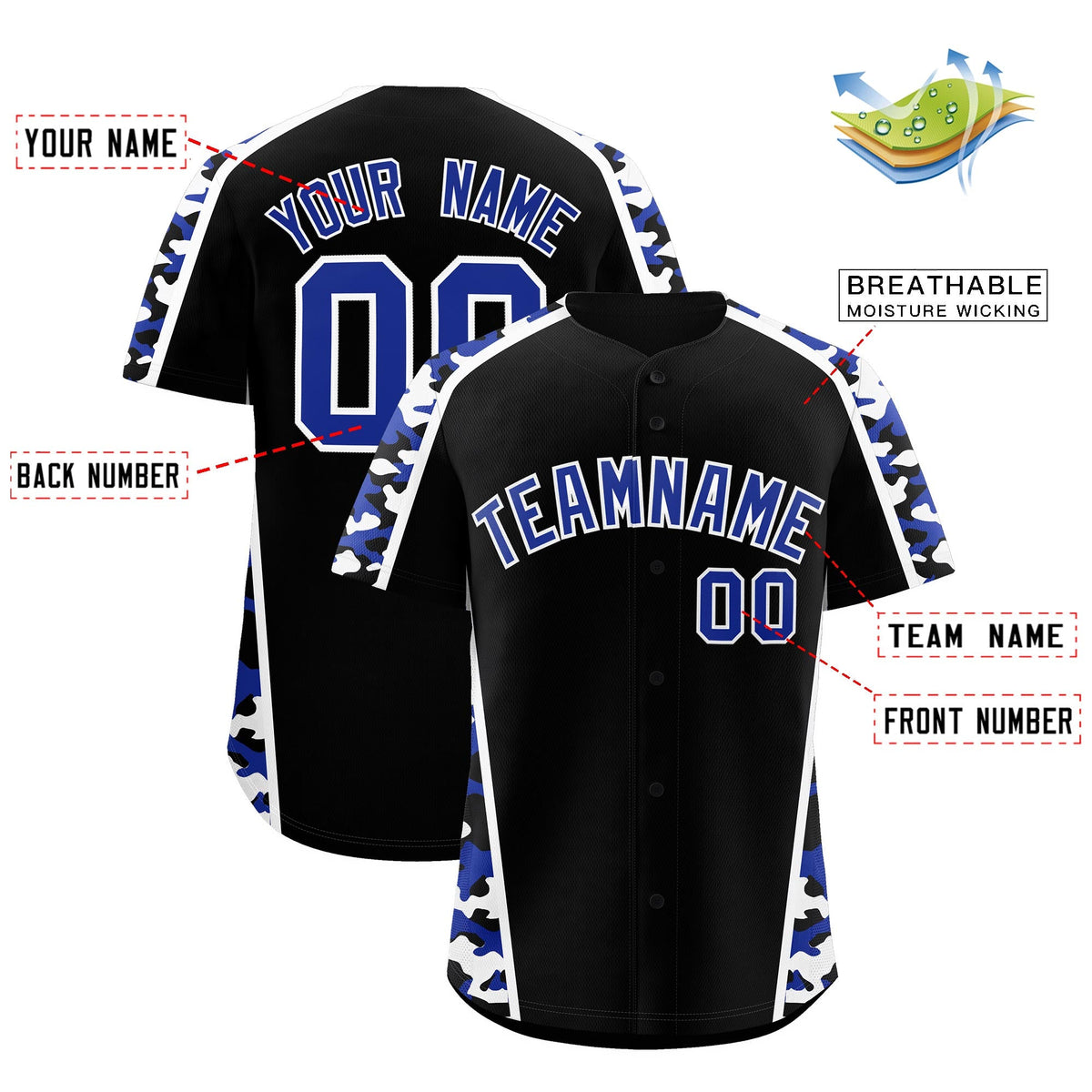 Custom Black Royal Blue Side Camo Style Personalization Baseball Jersey| KXKSHOP
