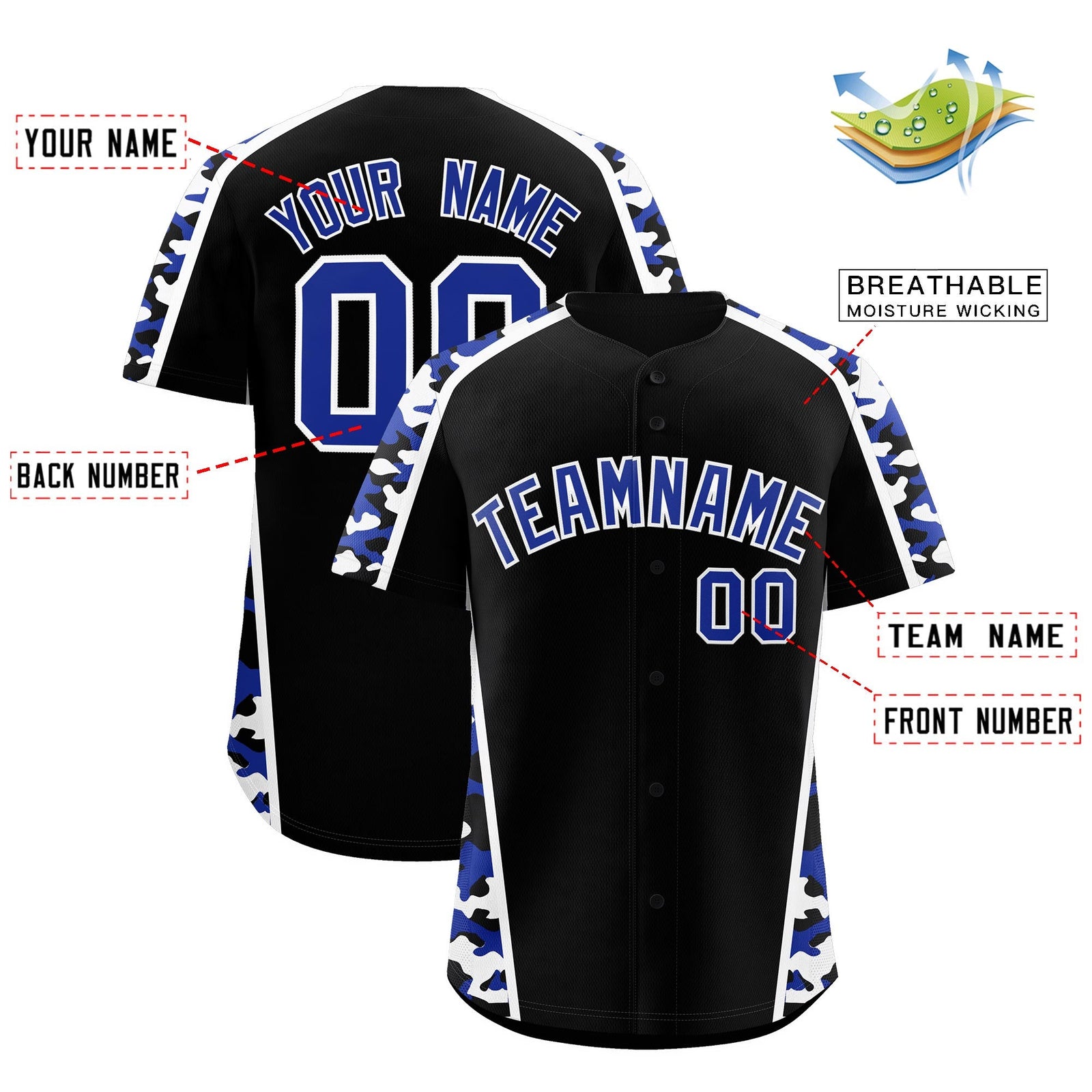 Custom Black Royal Blue Side Camo Style Personalization Baseball Jersey| KXKSHOP