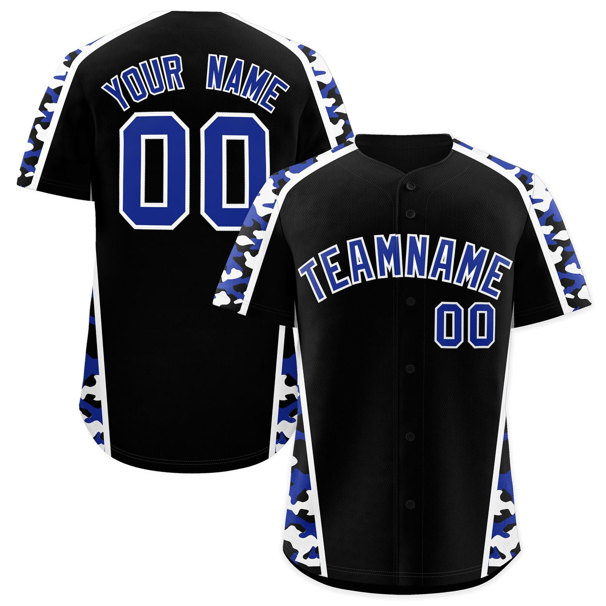 Custom Black Royal Blue Side Camo Style Personalization Baseball Jersey| KXKSHOP