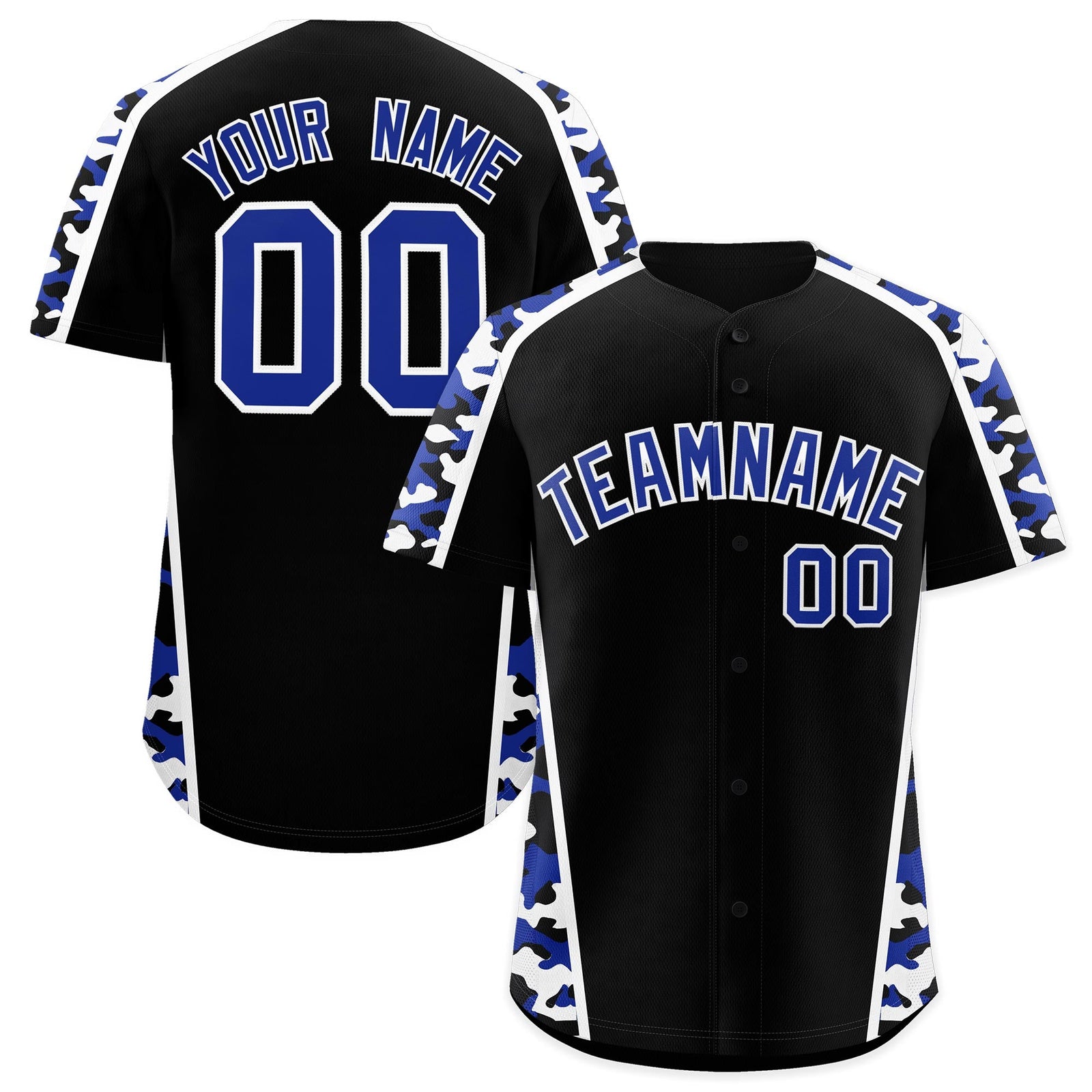 Custom Black Royal Blue Side Camo Style Personalization Baseball Jersey| KXKSHOP