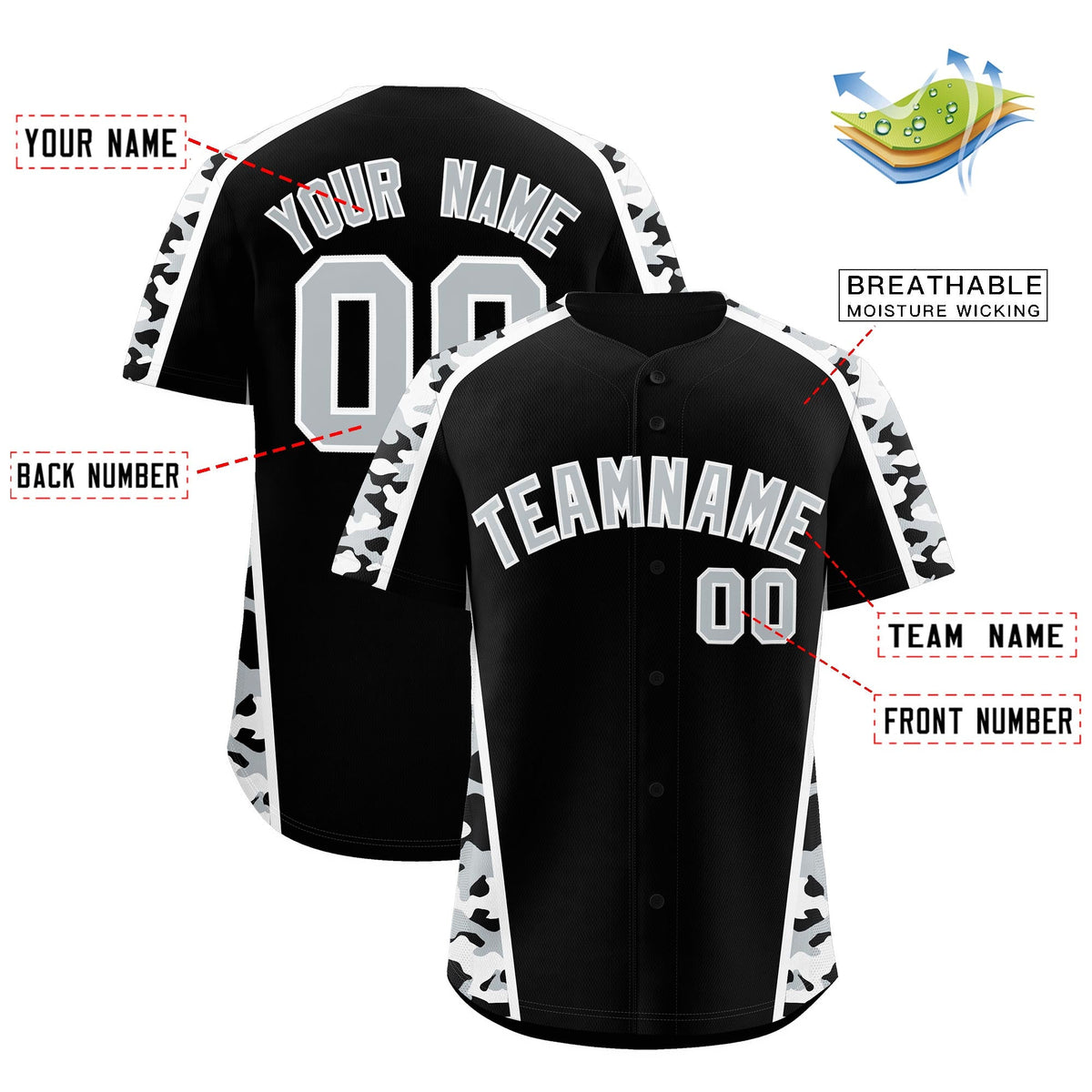 Custom Black Silver Side Camo Style Personalization Baseball Jersey| KXKSHOP