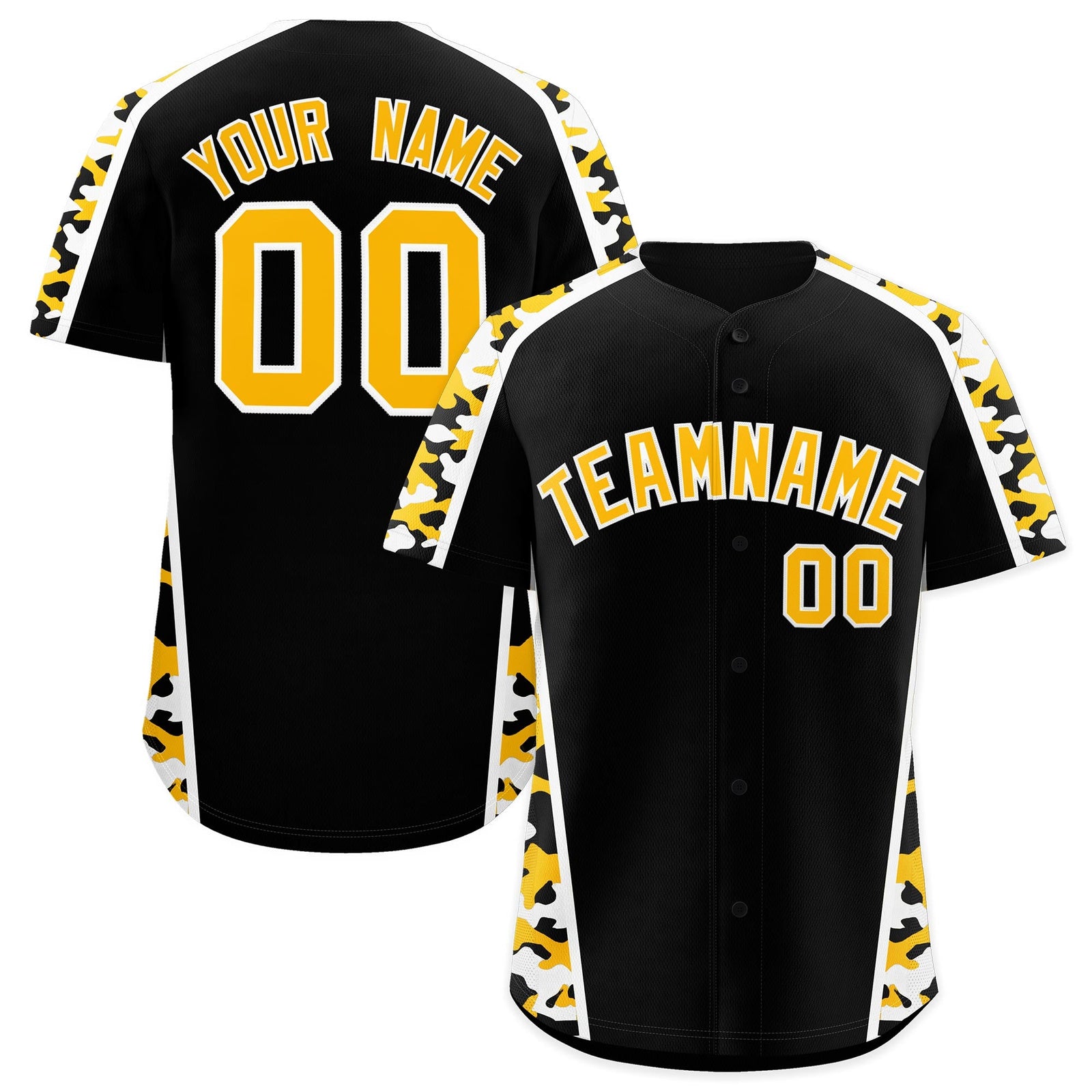 Custom Black Yellow Side Camo Style Personalization Baseball Jersey| KXKSHOP