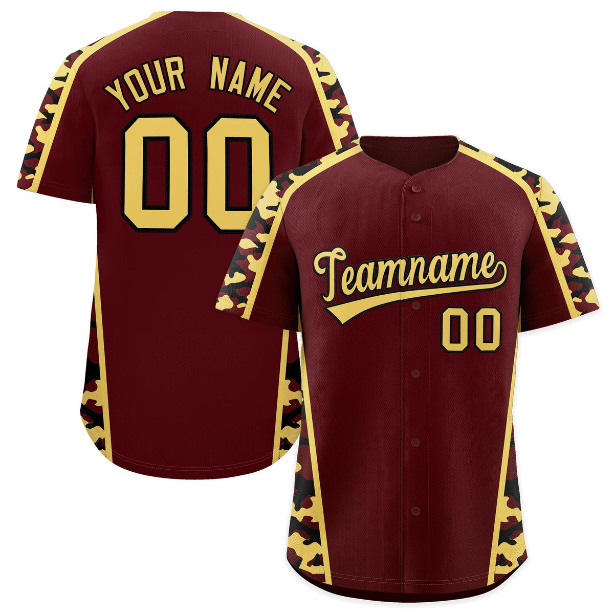 Custom Burgundy Khaki Side Camo Style Personalization Baseball Jersey| KXKSHOP