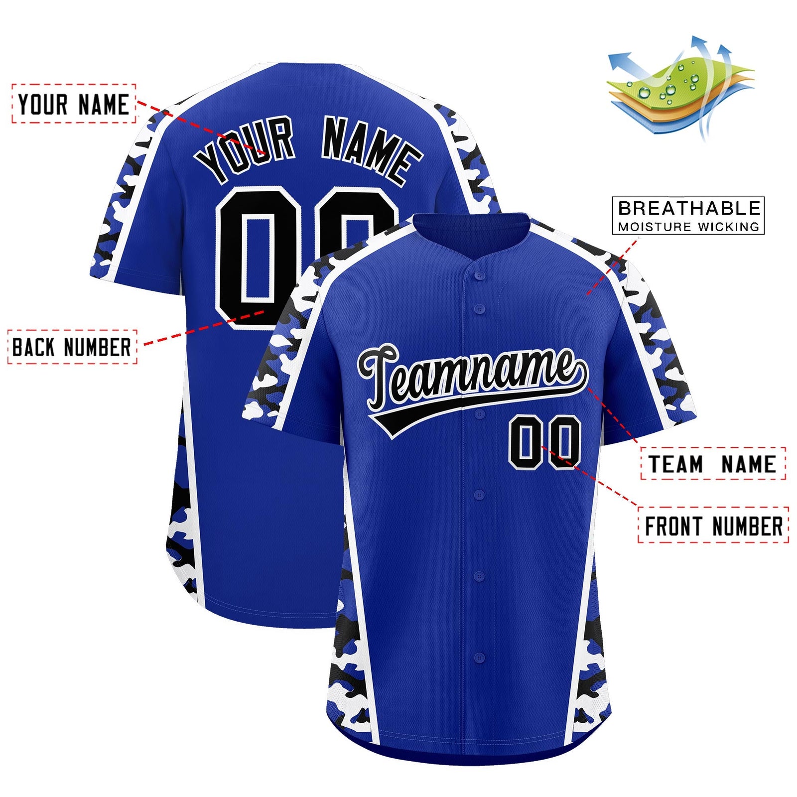 Custom Royal Blue Black Side Camo Style Personalization Baseball Jersey| KXKSHOP