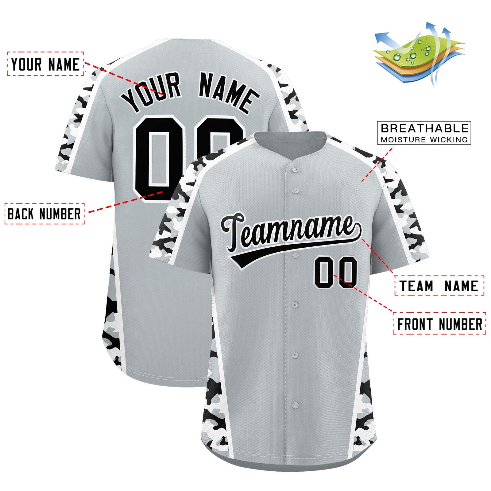 Custom Silver Black Side Camo Style Personalization Baseball Jersey| KXKSHOP