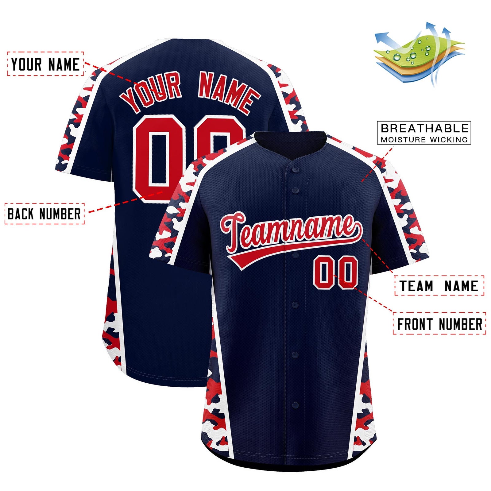 Custom Navy Red Side Camo Style Personalization Baseball Jersey| KXKSHOP