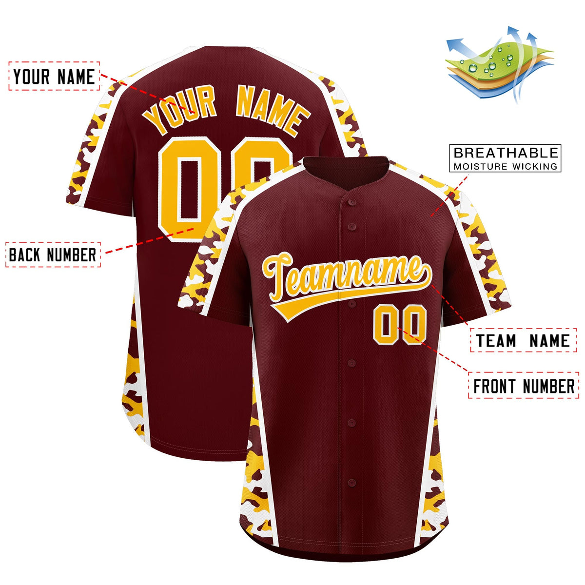 Custom Burgundy Yellow Side Camo Style Personalization Baseball Jersey| KXKSHOP