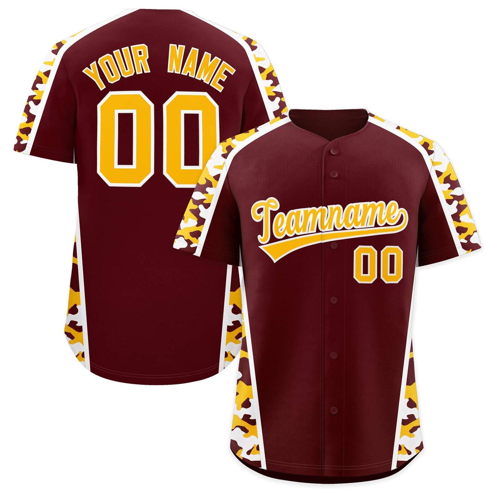 Custom Burgundy Yellow Side Camo Style Personalization Baseball Jersey| KXKSHOP