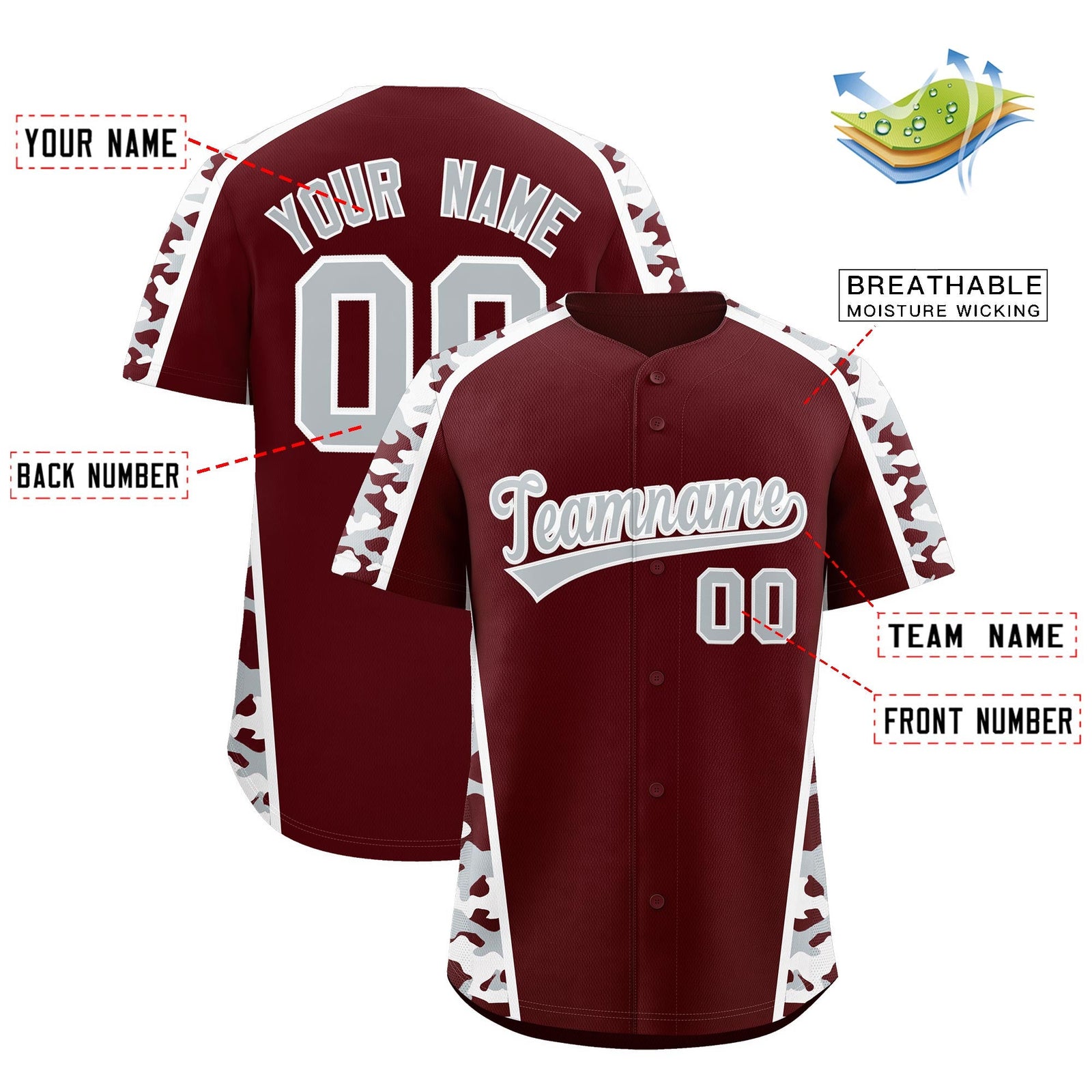 Custom Burgundy Silver Side Camo Style Personalization Baseball Jersey| KXKSHOP