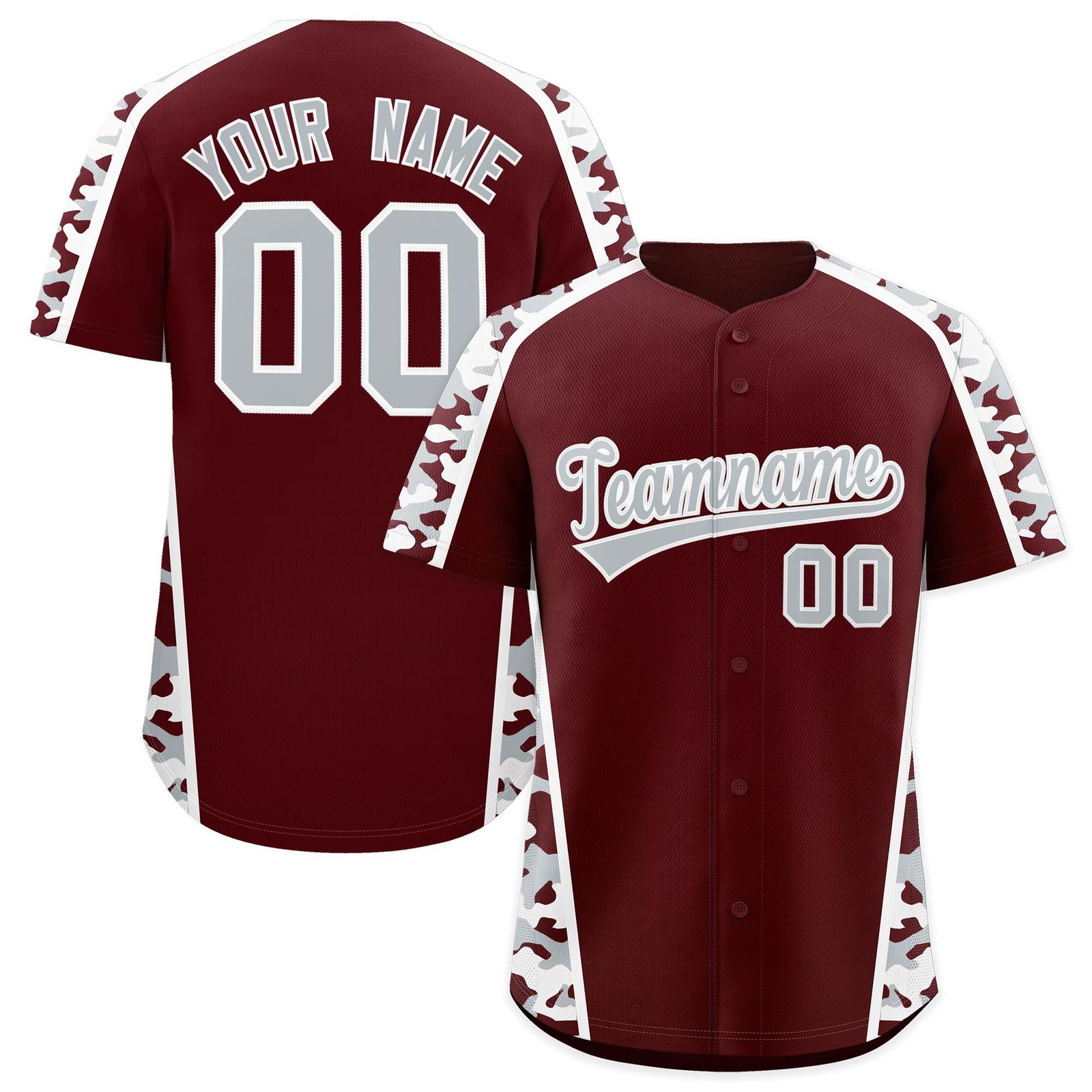 Custom Burgundy Silver Side Camo Style Personalization Baseball Jersey| KXKSHOP
