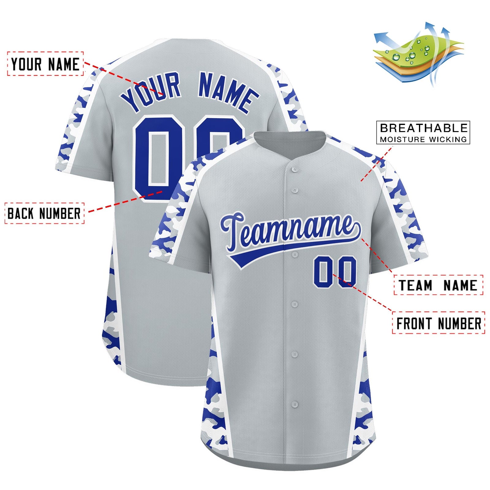 Custom Silver Royal Blue Side Camo Style Personalization Baseball Jersey| KXKSHOP