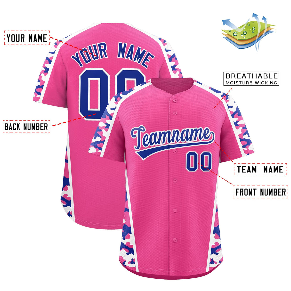 Custom Pink Royal Blue Side Camo Style Personalization Baseball Jersey| KXKSHOP