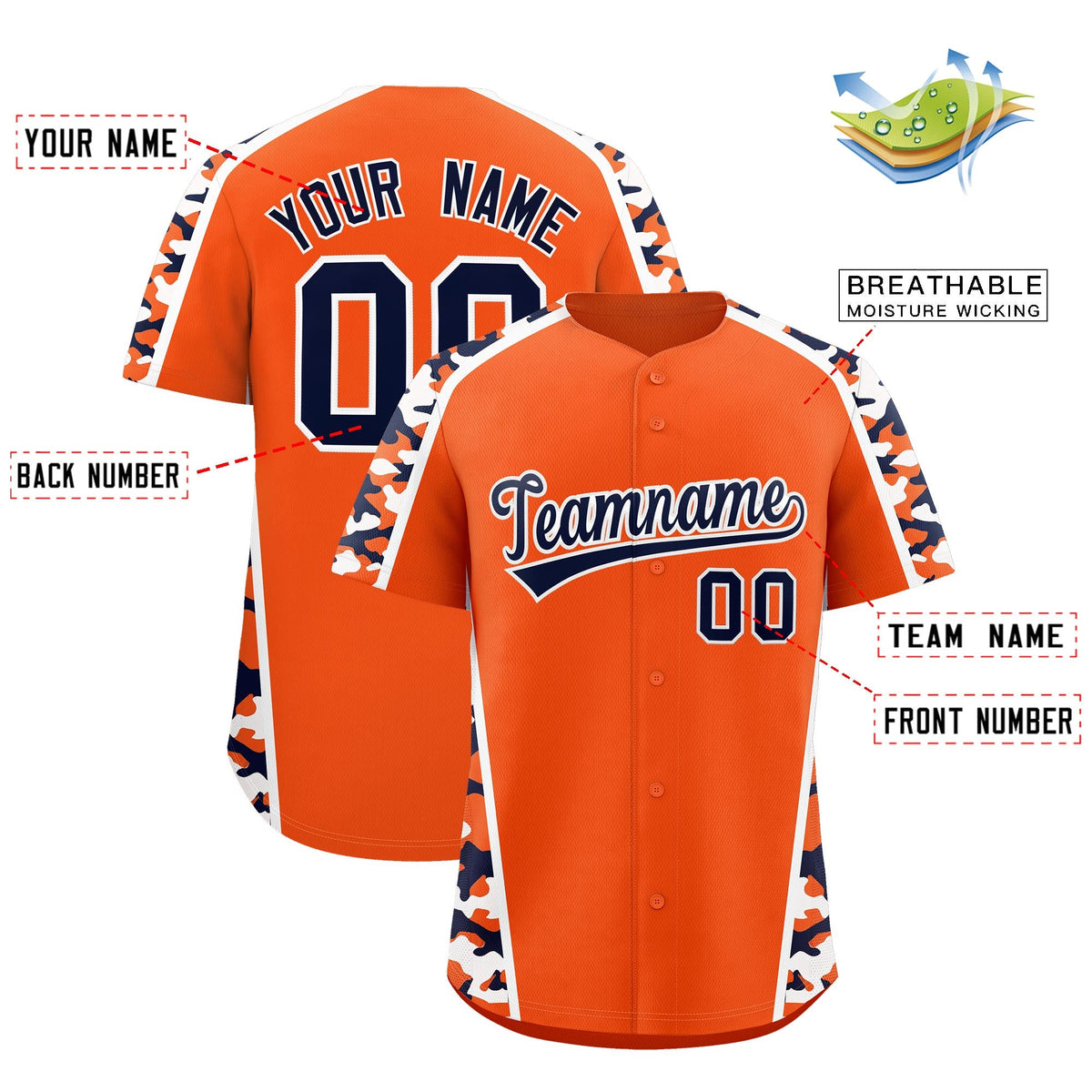 Custom Orange Navy Side Camo Style Personalization Baseball Jersey| KXKSHOP