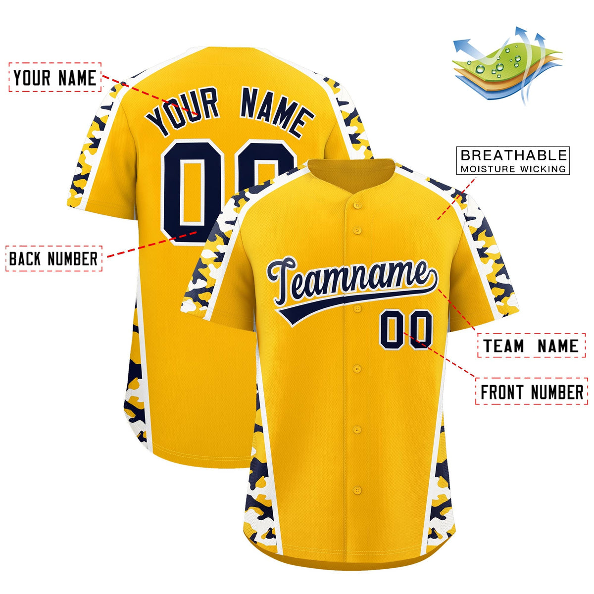 Custom Yellow Navy Side Camo Style Personalization Baseball Jersey| KXKSHOP