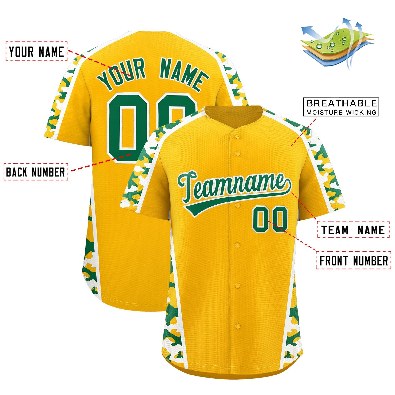 Custom Yellow Kelly Green Side Camo Style Personalization Baseball Jersey| KXKSHOP
