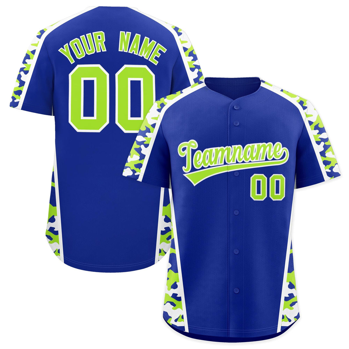 Custom Royal Blue Neon Green Side Camo Style Personalization Baseball Jersey| KXKSHOP
