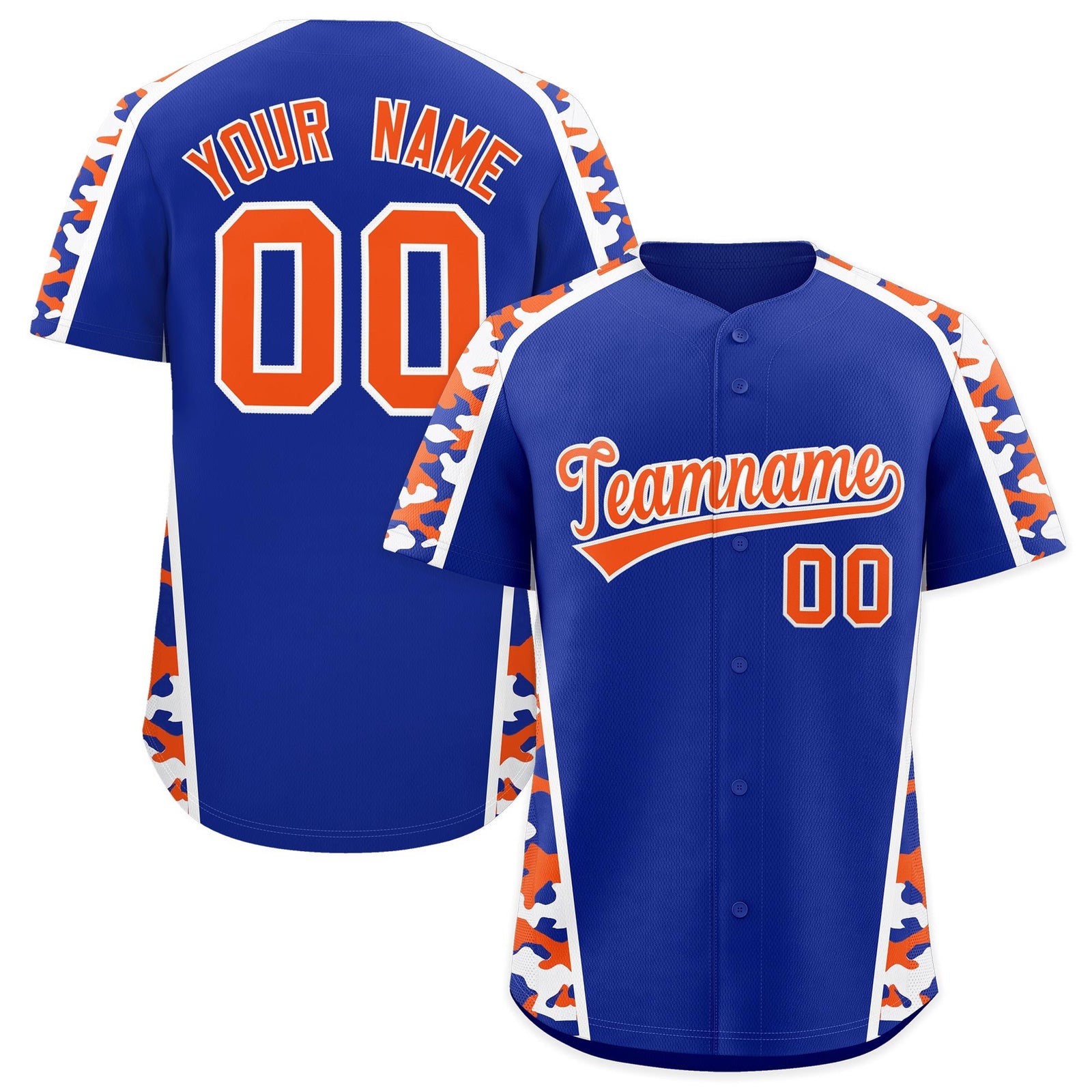 Custom Royal Blue Orange Side Camo Style Personalization Baseball Jersey| KXKSHOP