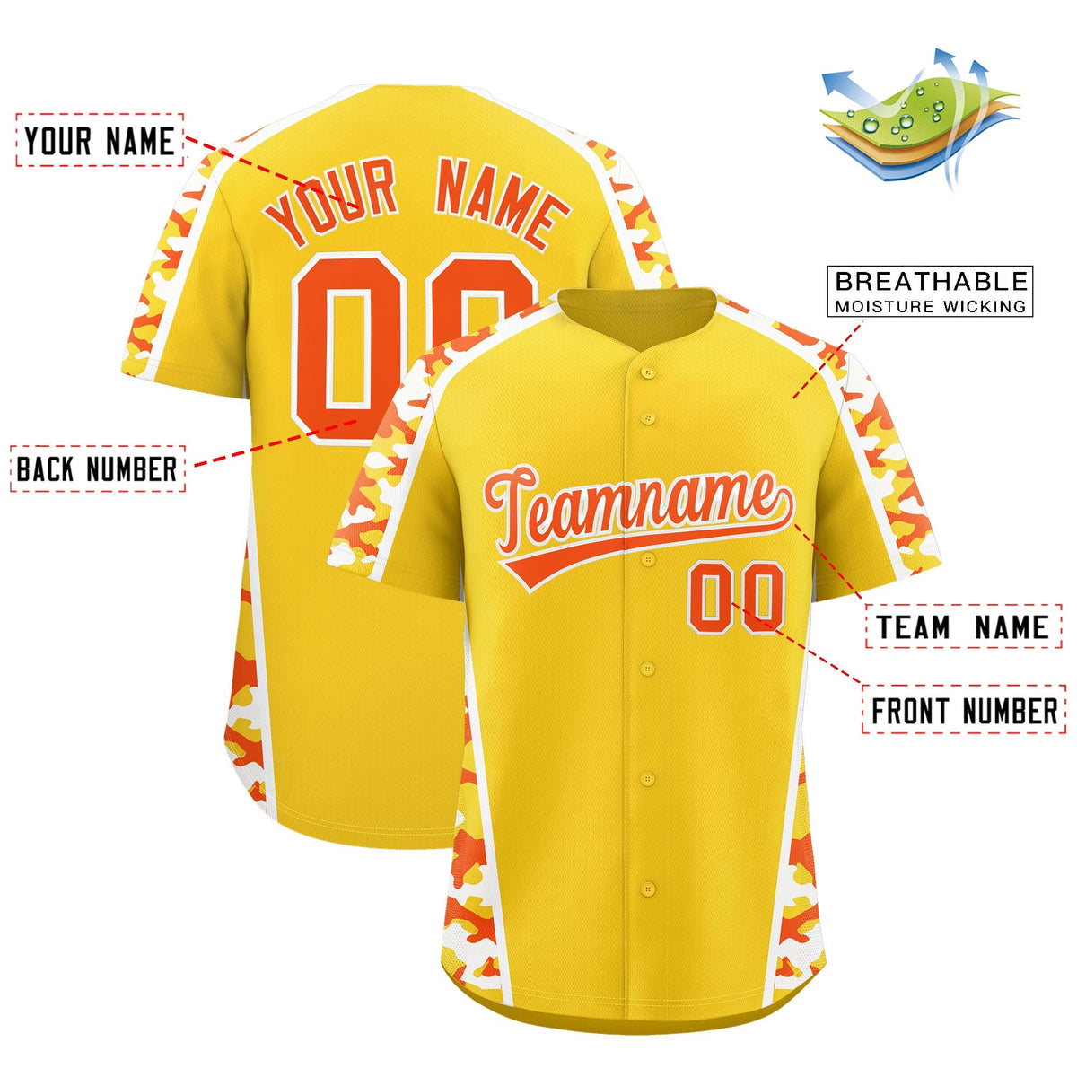 Custom Yellow Orange Side Camo Style Personalization Baseball Jersey| KXKSHOP