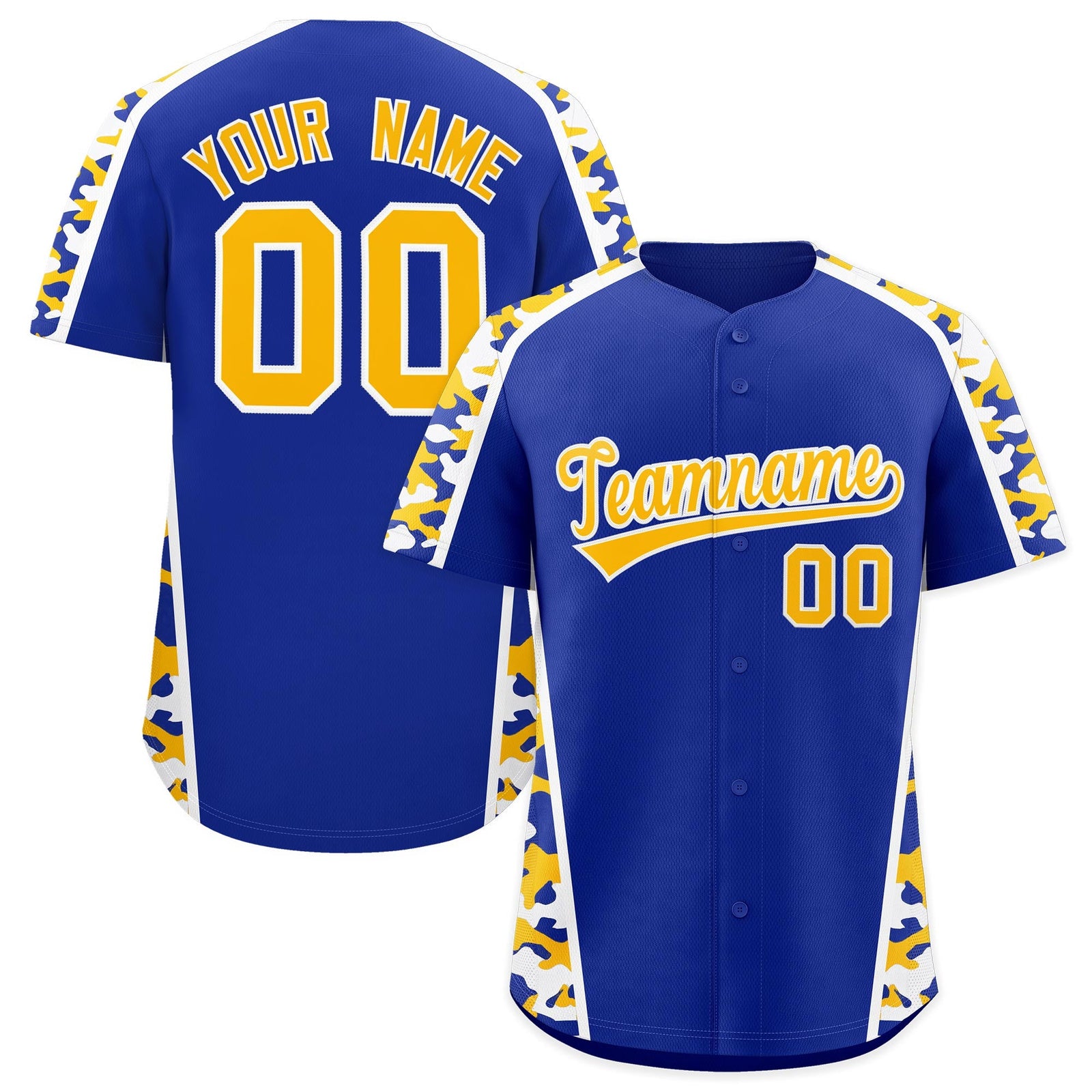 Custom Royal Blue Yellow Side Camo Style Personalization Baseball Jersey| KXKSHOP