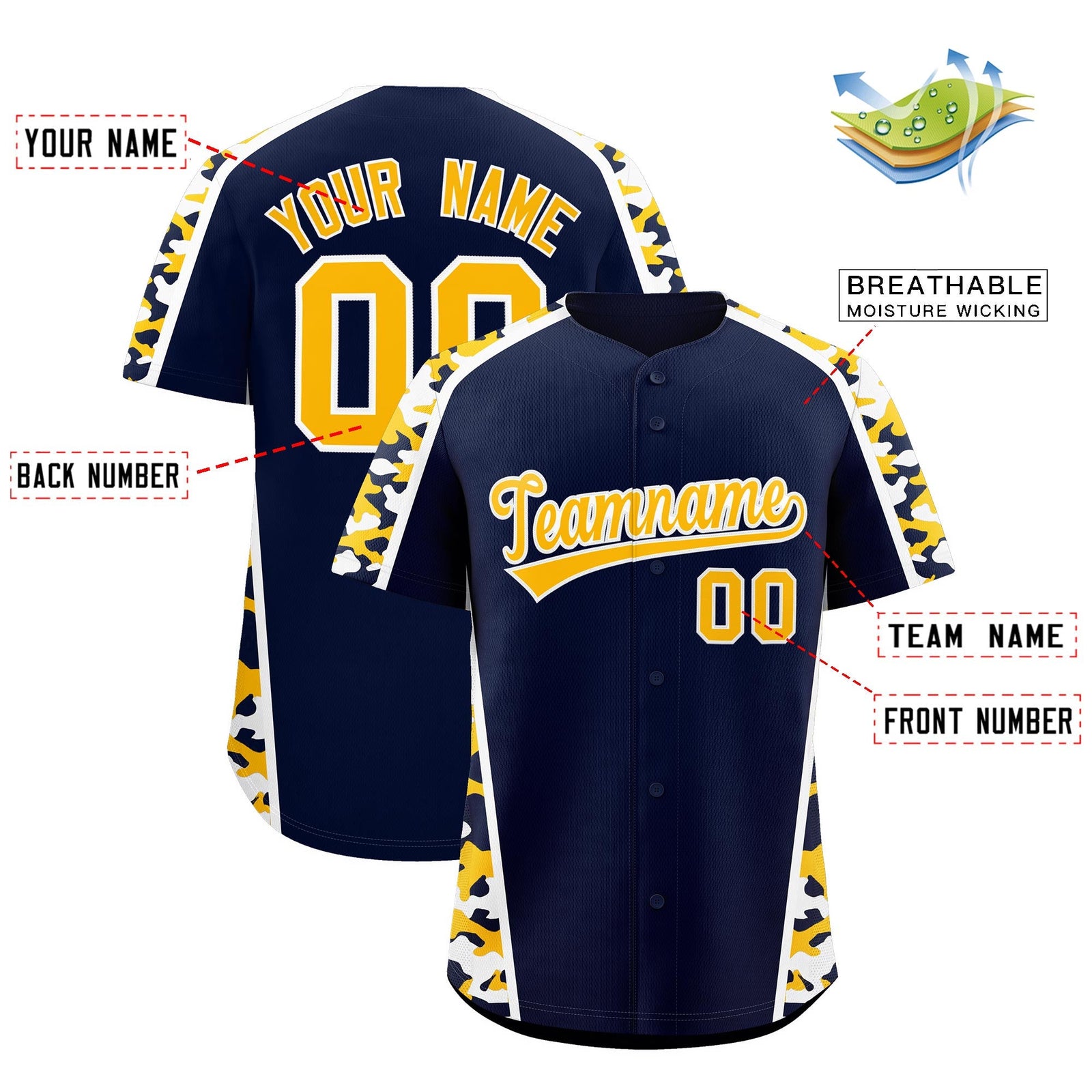 Custom Navy Yellow Side Camo Style Personalization Baseball Jersey| KXKSHOP
