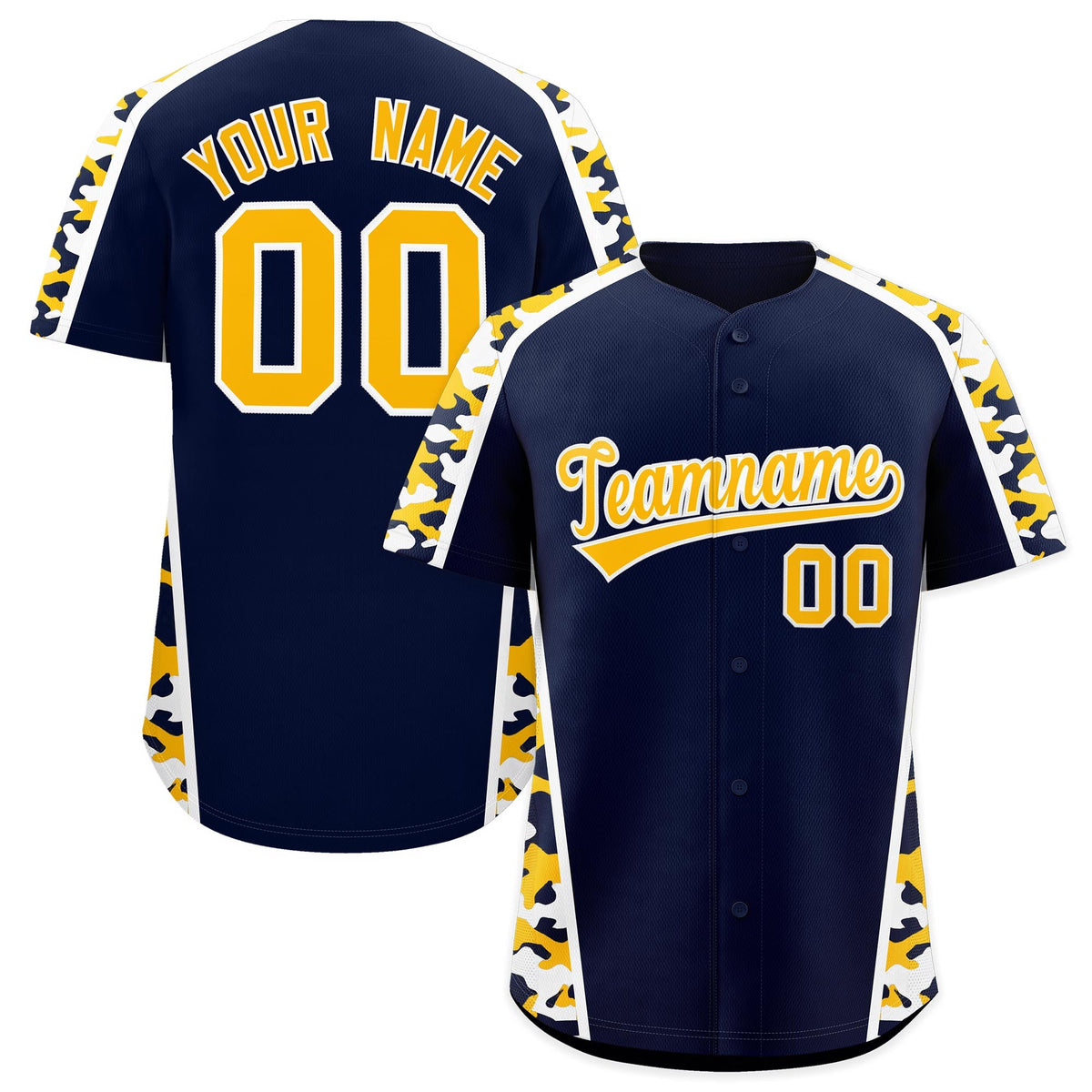 Custom Navy Yellow Side Camo Style Personalization Baseball Jersey| KXKSHOP