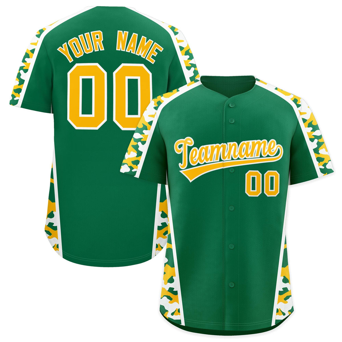 Custom Kelly Green Yellow Side Camo Style Personalization Baseball Jersey| KXKSHOP