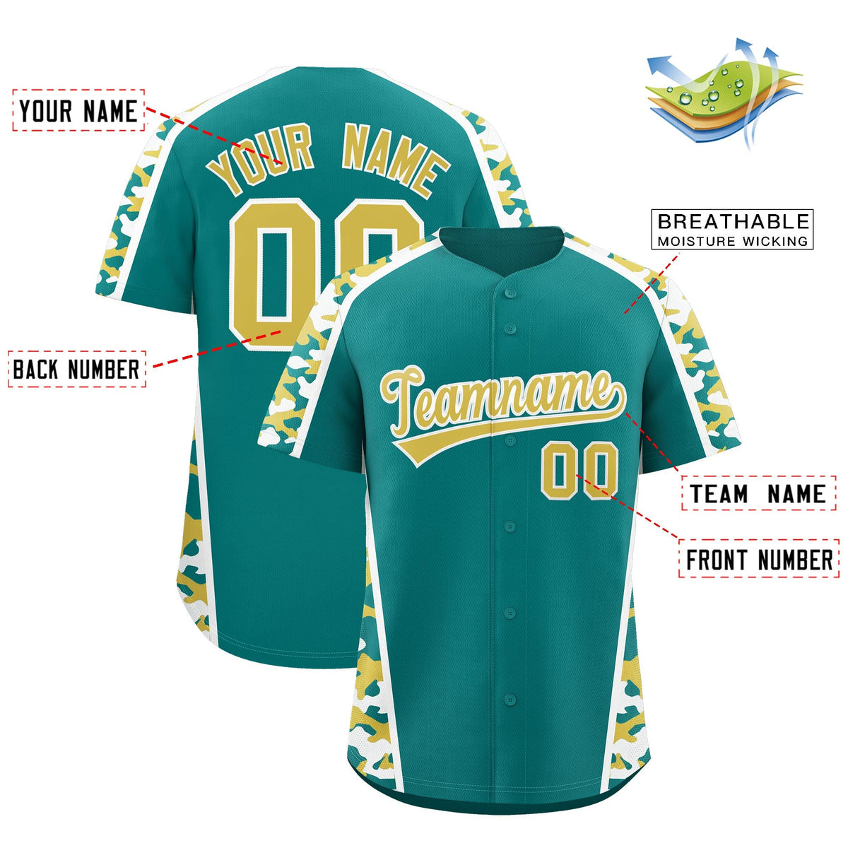Custom Teal Old Gold Side Camo Style Personalization Baseball Jersey| KXKSHOP