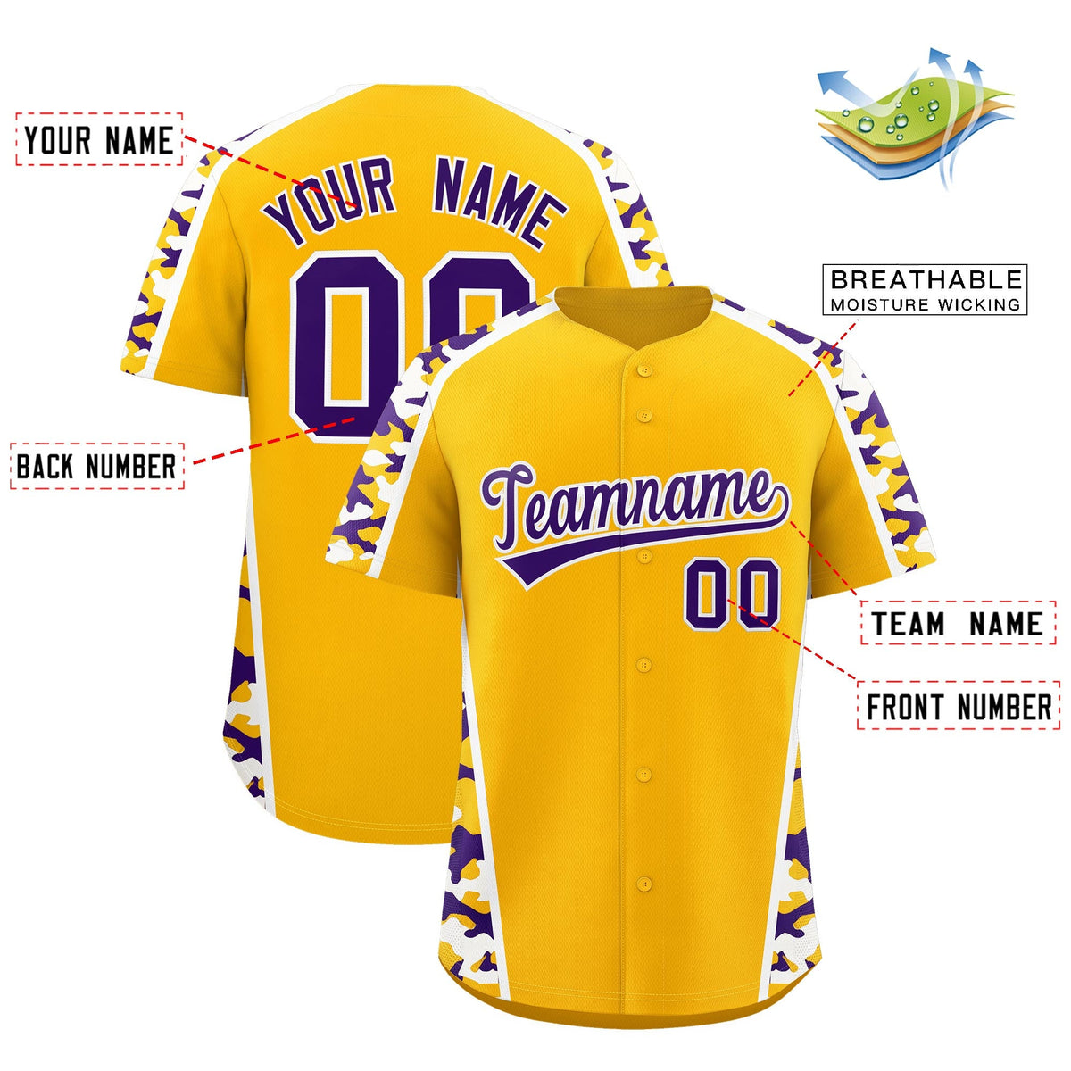 Custom Yellow Purple Side Camo Style Personalization Baseball Jersey| KXKSHOP