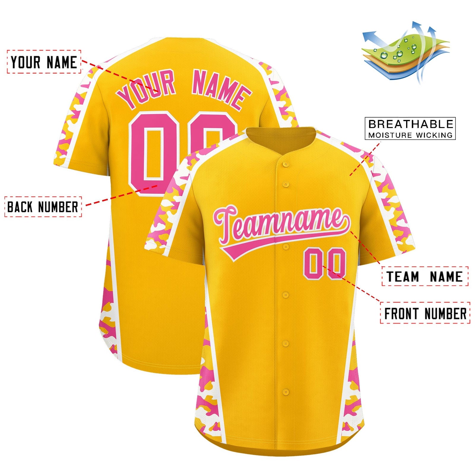 Custom Yellow Pink Side Camo Style Personalization Baseball Jersey| KXKSHOP