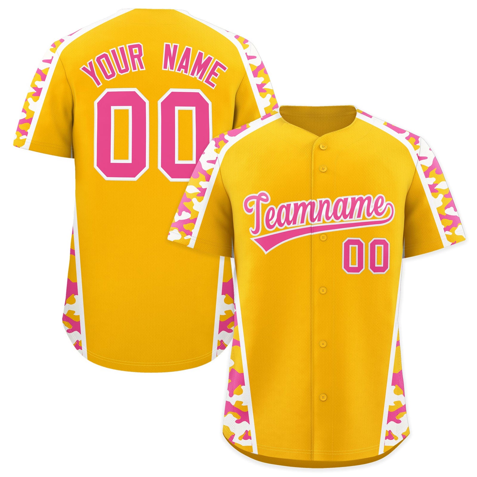 Custom Yellow Pink Side Camo Style Personalization Baseball Jersey| KXKSHOP