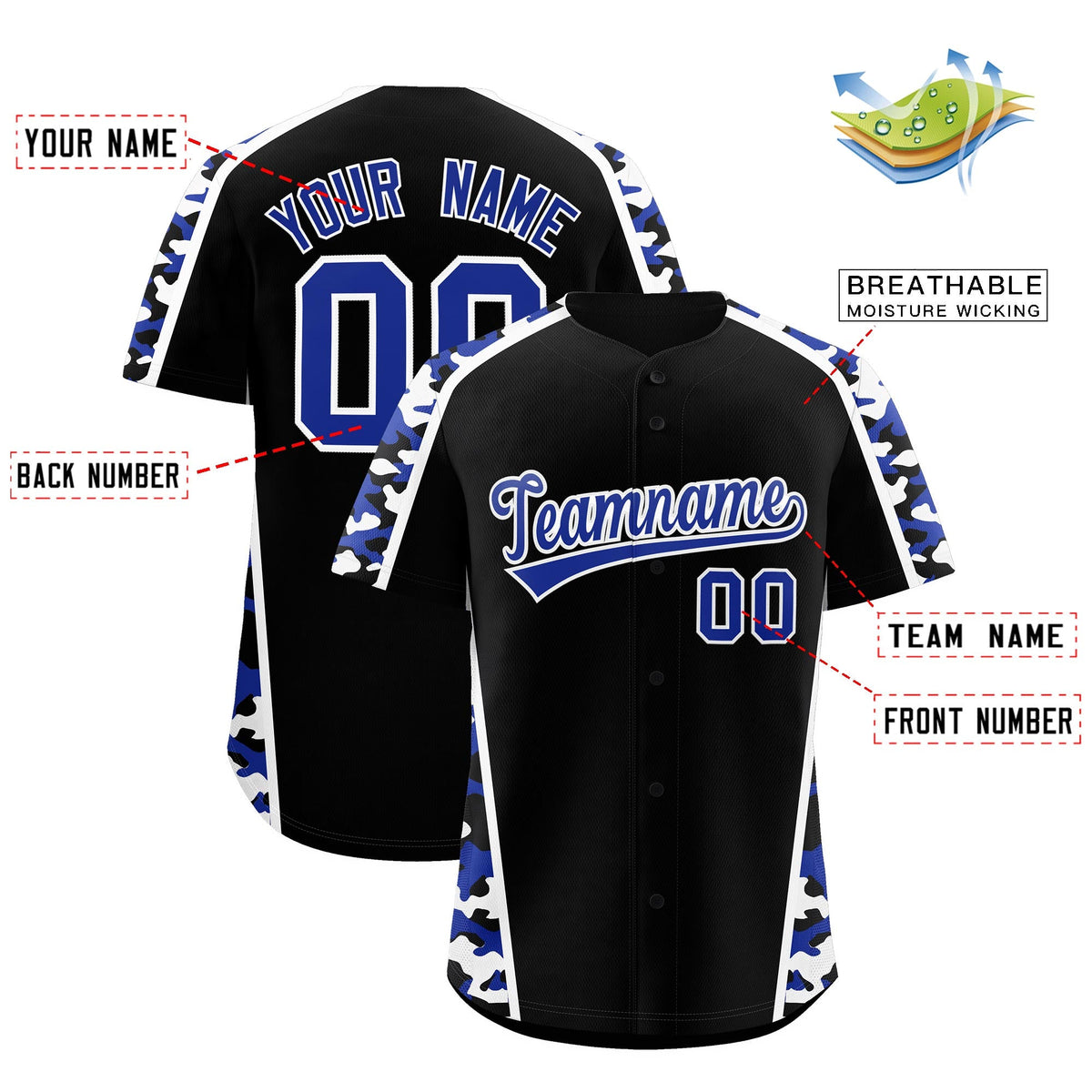 Custom Black Royal Blue Side Camo Style Personalization Baseball Jersey| KXKSHOP