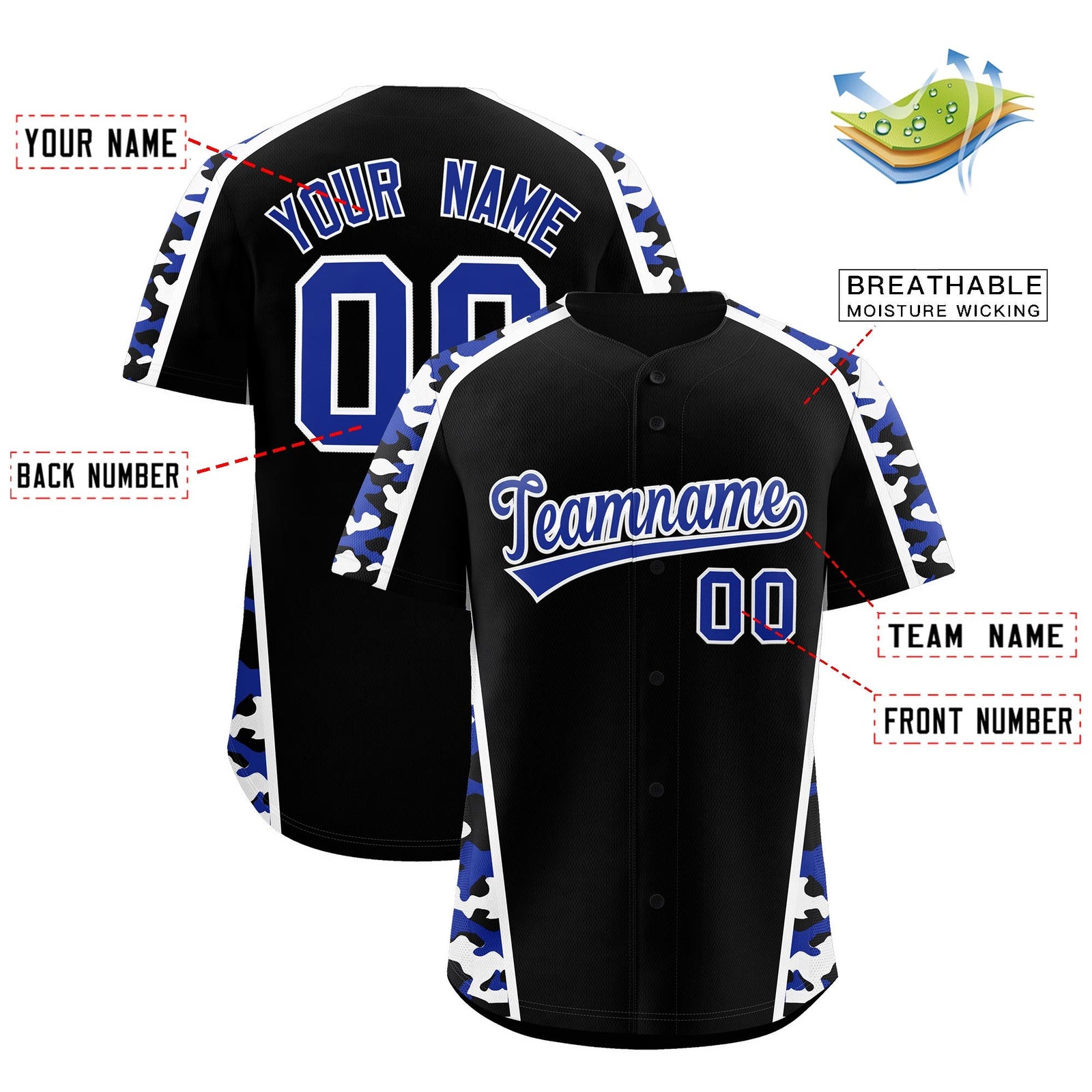 Custom Black Royal Blue Side Camo Style Personalization Baseball Jersey| KXKSHOP